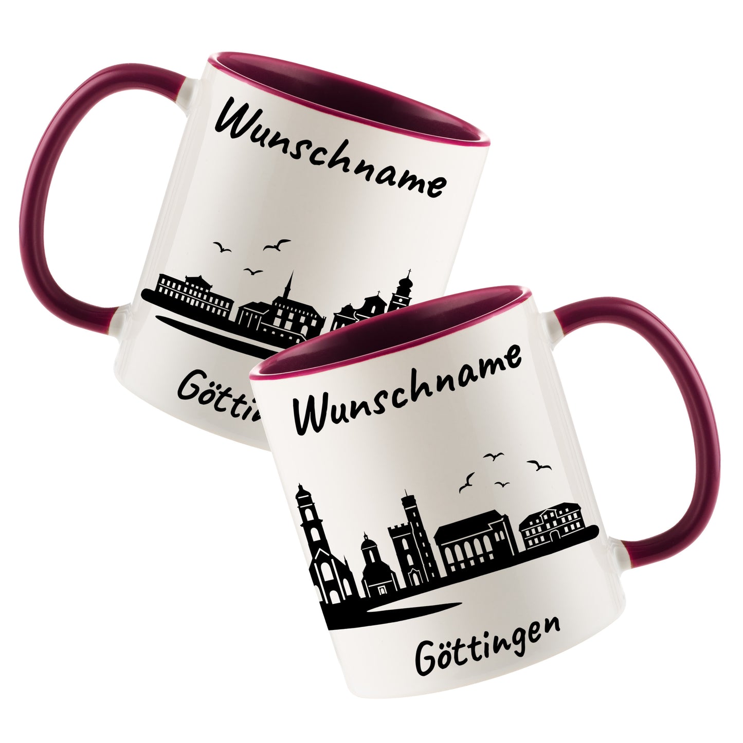 Tasse in Bordeauxrot 330ml bedruckt mit der Skyline von Göttingen personalisierbar mit Wunschname