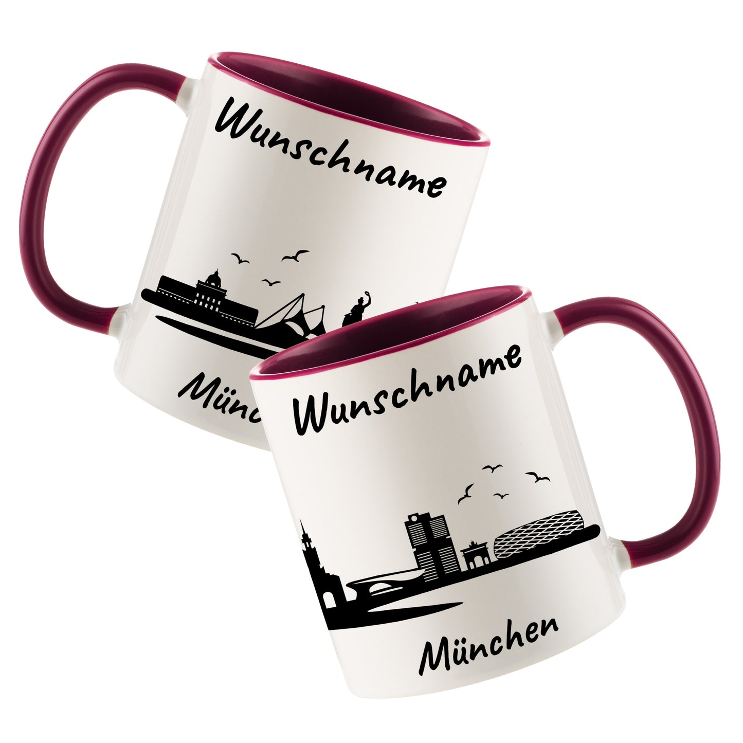 Tasse in Bordeauxrot 330ml bedruckt mit der Skyline von München personalisierbar mit Wunschname