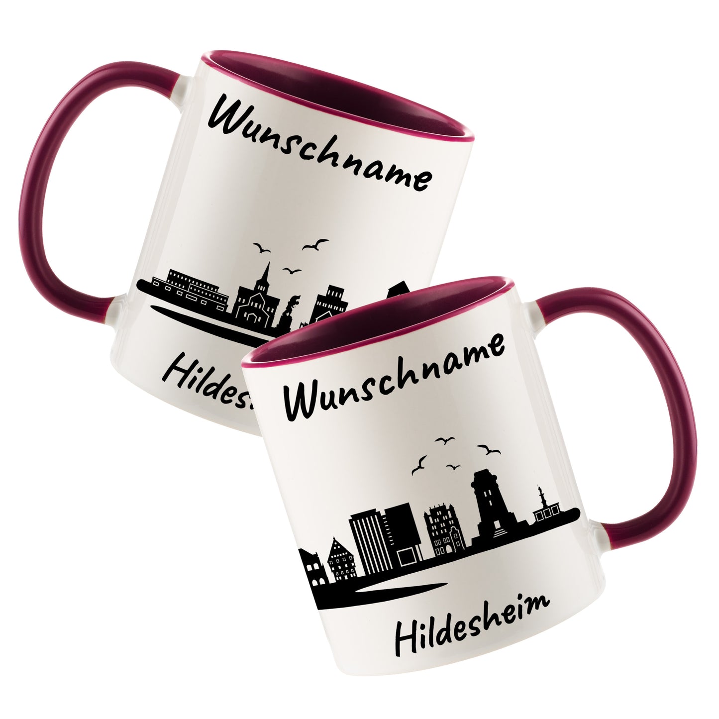 Tasse in Bordeauxrot 330ml bedruckt mit der Skyline von Hildesheim personalisierbar mit Wunschname