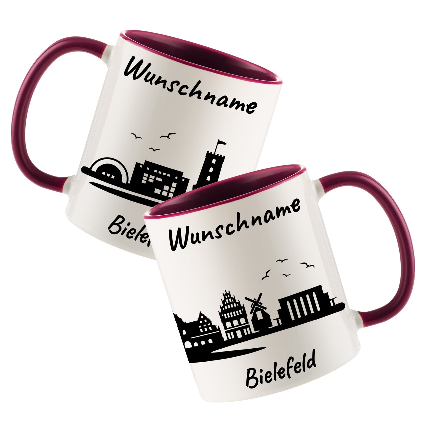 Tasse in Bordeauxrot 330ml bedruckt mit der Skyline von Bielefeld personalisierbar mit Wunschname