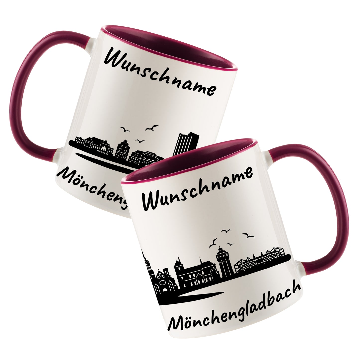 Tasse in Bordeauxrot 330ml bedruckt mit der Skyline von Mönchengladbach personalisierbar mit Wunschname