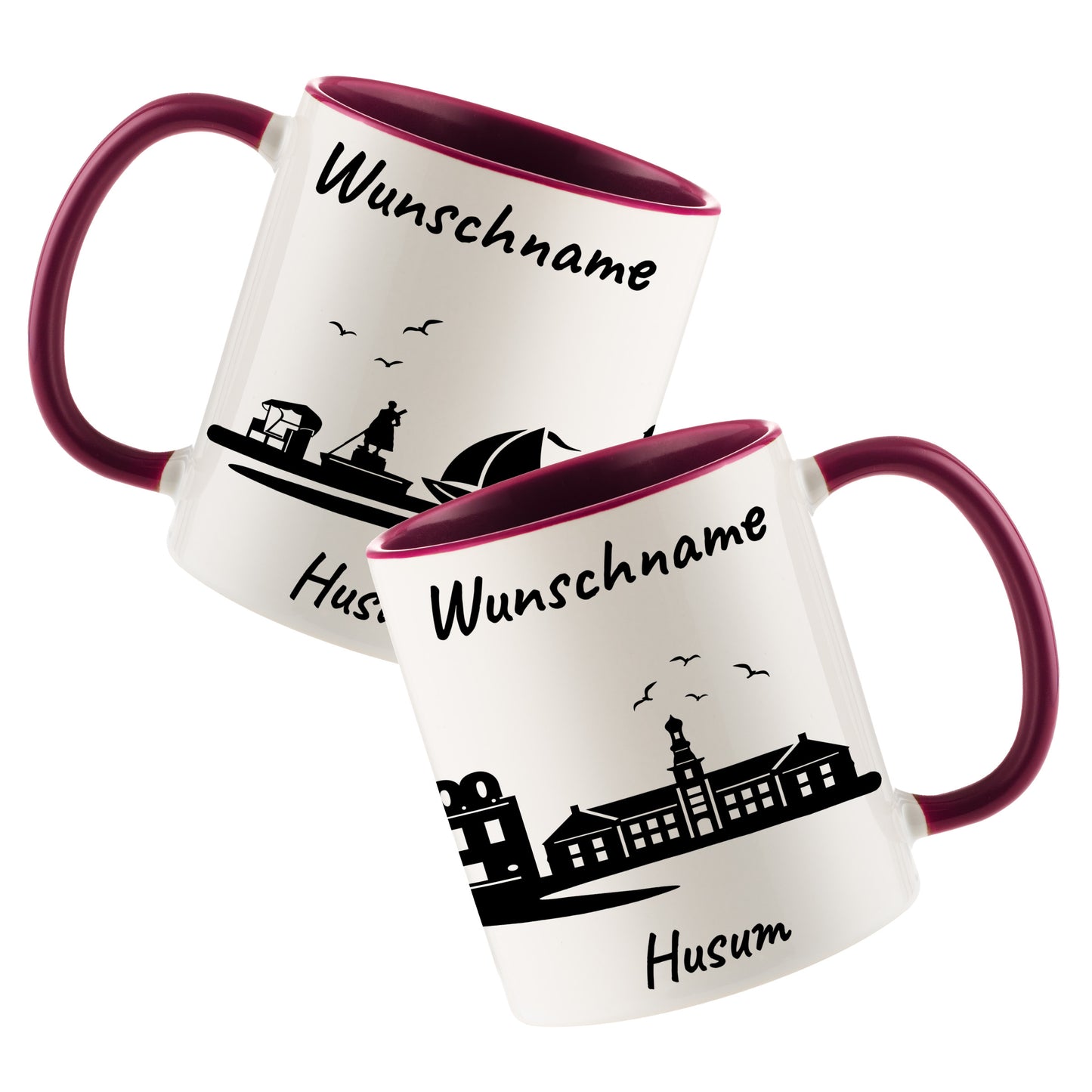 Tasse in Bordeauxrot 330ml bedruckt mit der Skyline von Husum personalisierbar mit Wunschname