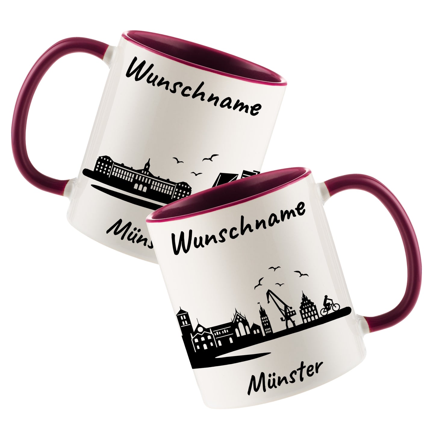 Tasse in Bordeauxrot 330ml bedruckt mit der Skyline von Münster personalisierbar mit Wunschname