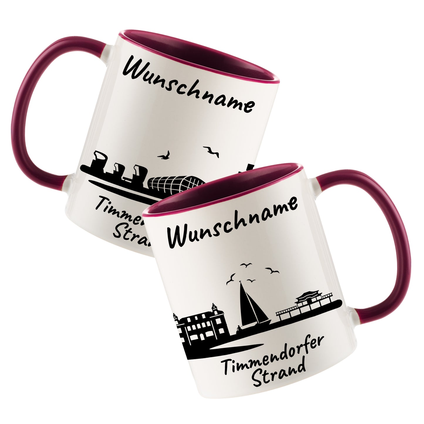 Tasse in Bordeauxrot 330ml bedruckt mit der Skyline von Timmendorfer Strand personalisierbar mit Wunschname