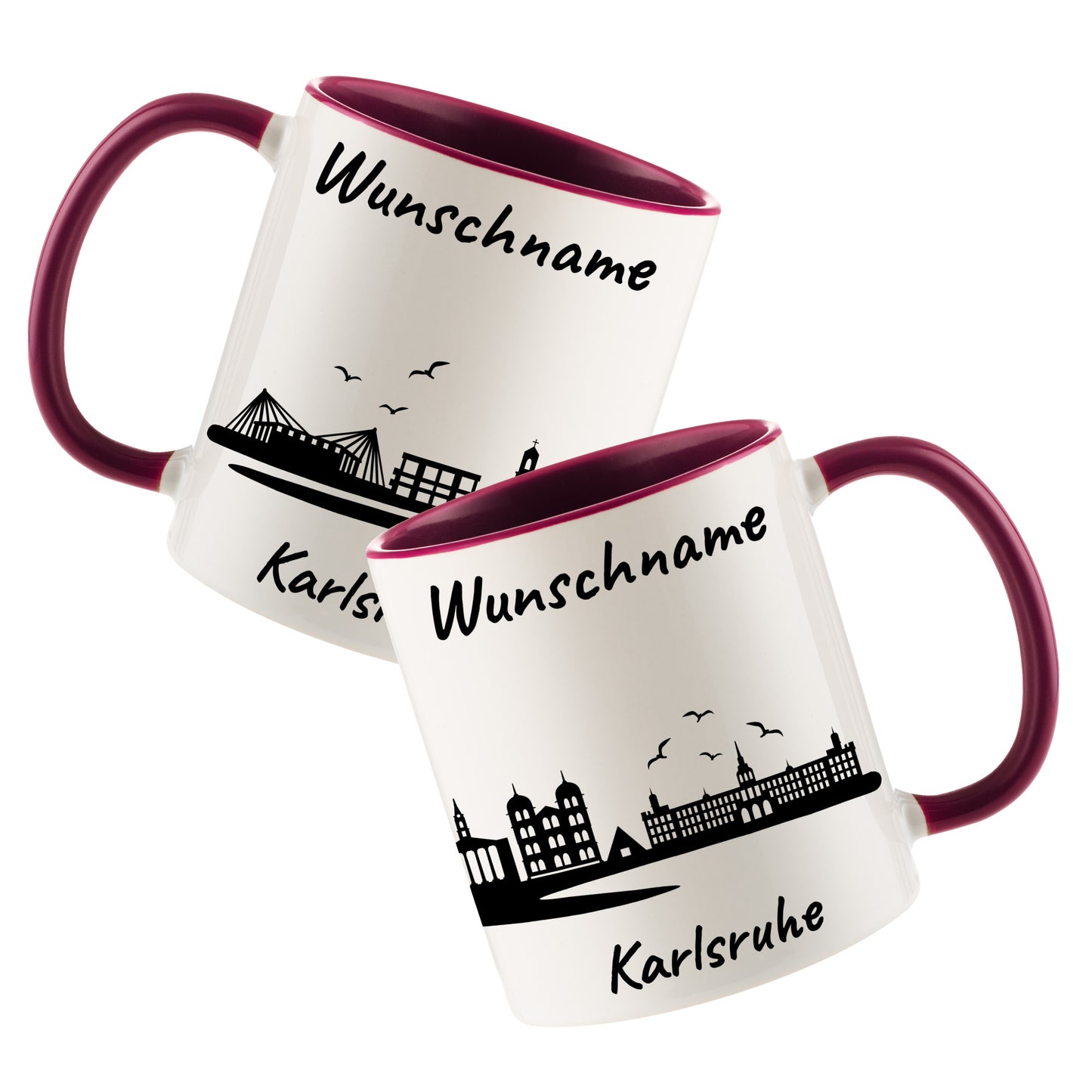 Tasse in Bordeauxrot 330ml bedruckt mit der Skyline von Karlsruhe personalisierbar mit Wunschname