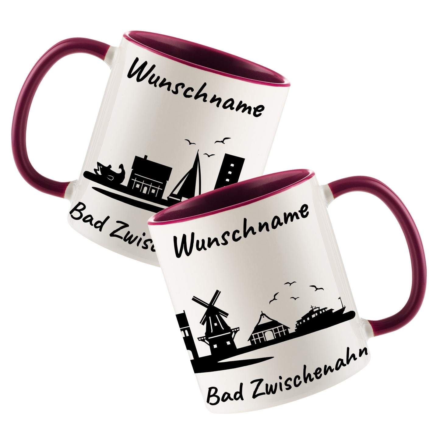 Tasse in Bordeauxrot 330ml bedruckt mit der Skyline von Bad Zwischenahn personalisierbar mit Wunschname