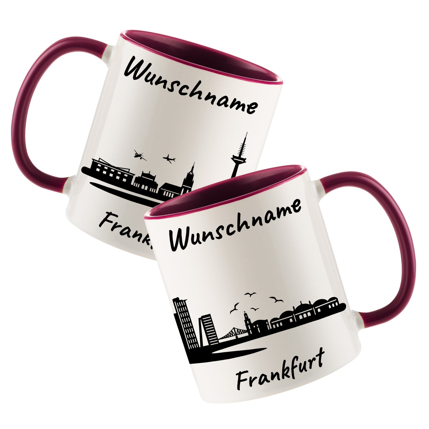 Tasse in Bordeauxrot 330ml bedruckt mit der Skyline von Frankfurt personalisierbar mit Wunschname