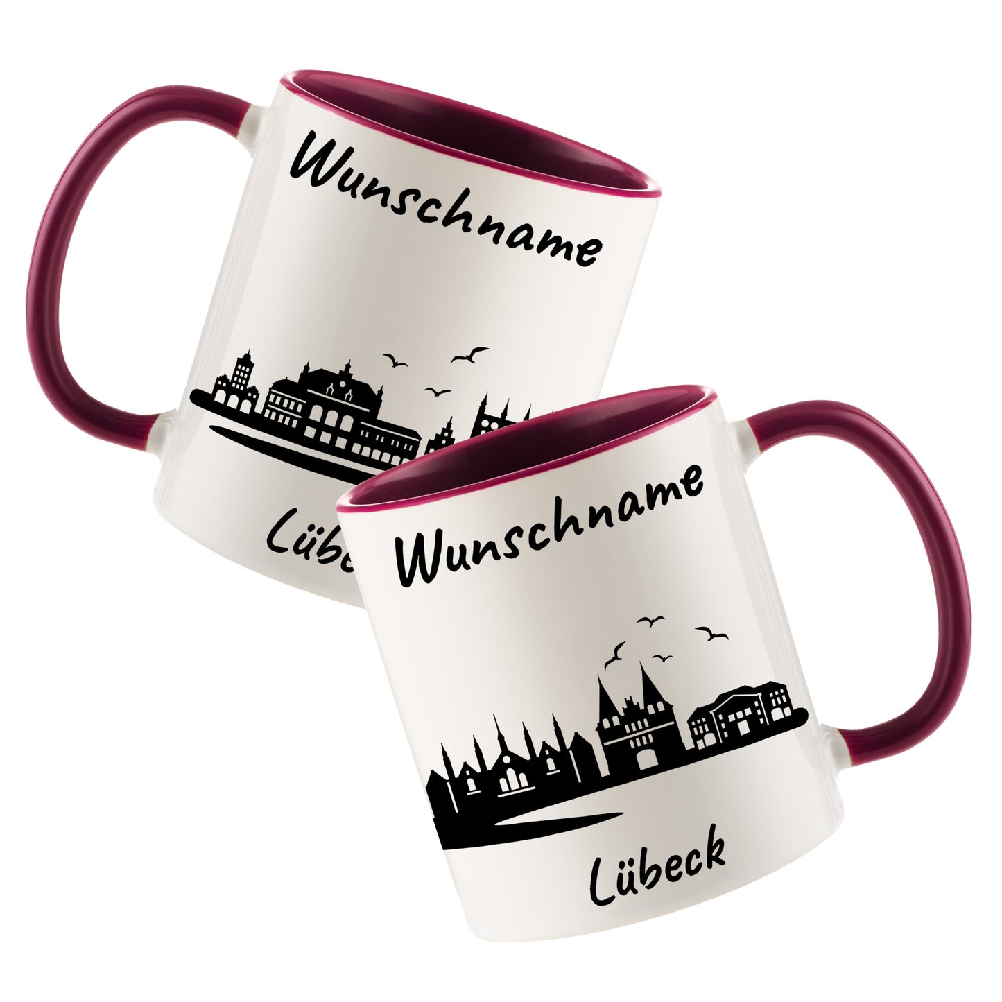 Tasse in Bordeauxrot 330ml bedruckt mit der Skyline von Lübeck personalisierbar mit Wunschname