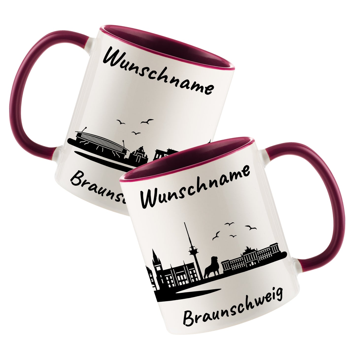 Tasse in Bordeauxrot 330ml bedruckt mit der Skyline von Braunschweig personalisierbar mit Wunschname