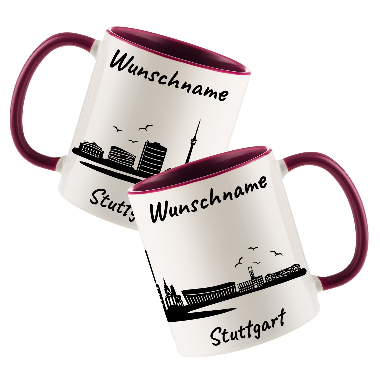Tasse in Bordeauxrot 330ml bedruckt mit der Skyline von Stuttgart personalisierbar mit Wunschname