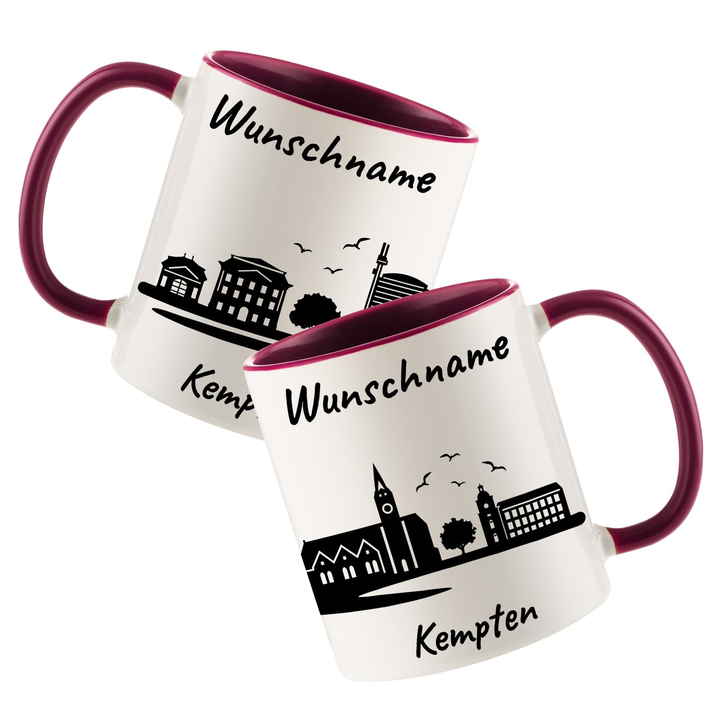 Tasse in Bordeauxrot 330ml bedruckt mit der Skyline von Kempten personalisierbar mit Wunschname