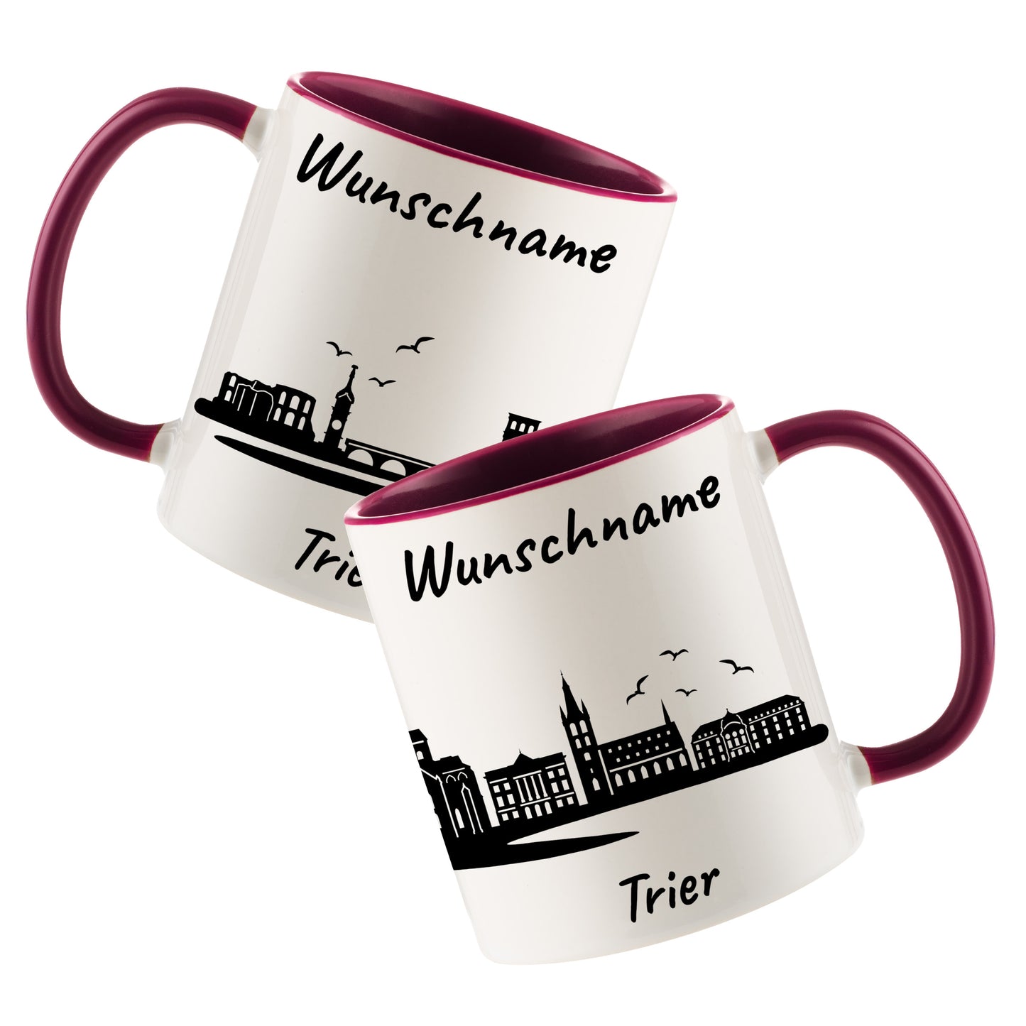 Tasse in Bordeauxrot 330ml bedruckt mit der Skyline von Trier personalisierbar mit Wunschname