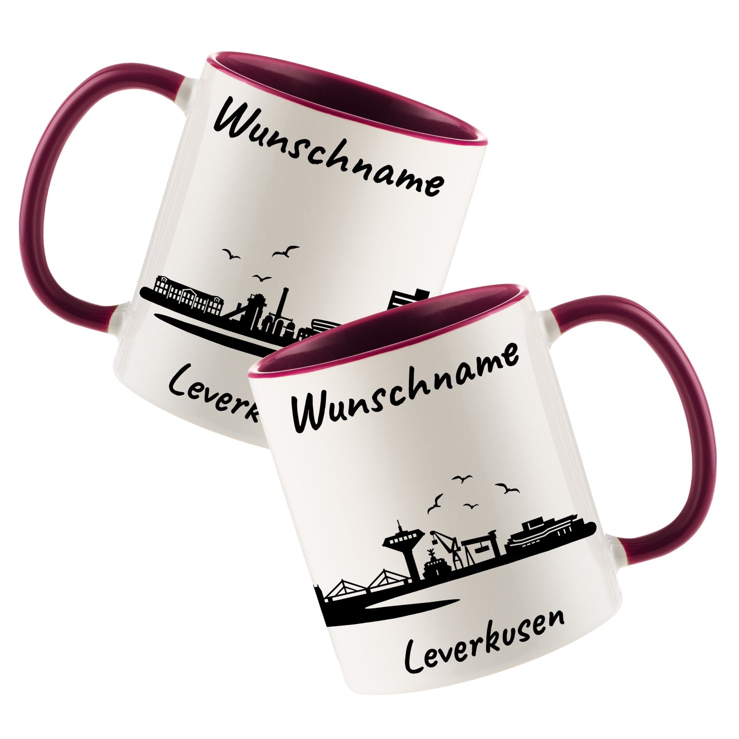 Tasse in Bordeauxrot 330ml bedruckt mit der Skyline von Leverkusen personalisierbar mit Wunschname