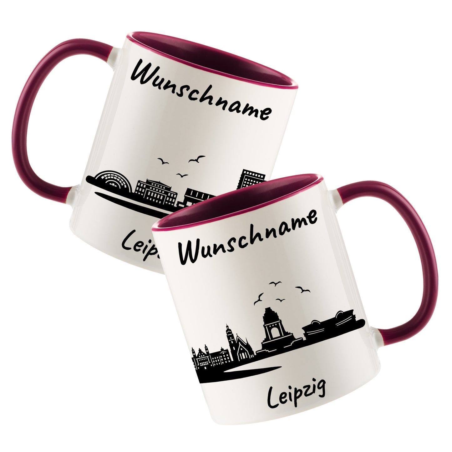 Tasse in Bordeauxrot 330ml bedruckt mit der Skyline von Leipzig personalisierbar mit Wunschname