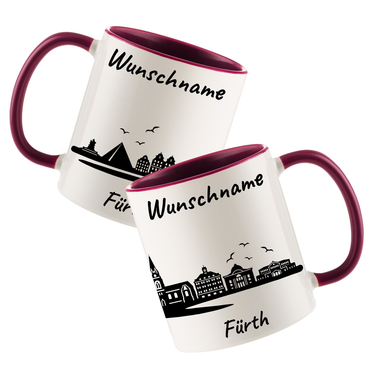 Tasse in Bordeauxrot 330ml bedruckt mit der Skyline von Fürth personalisierbar mit Wunschname
