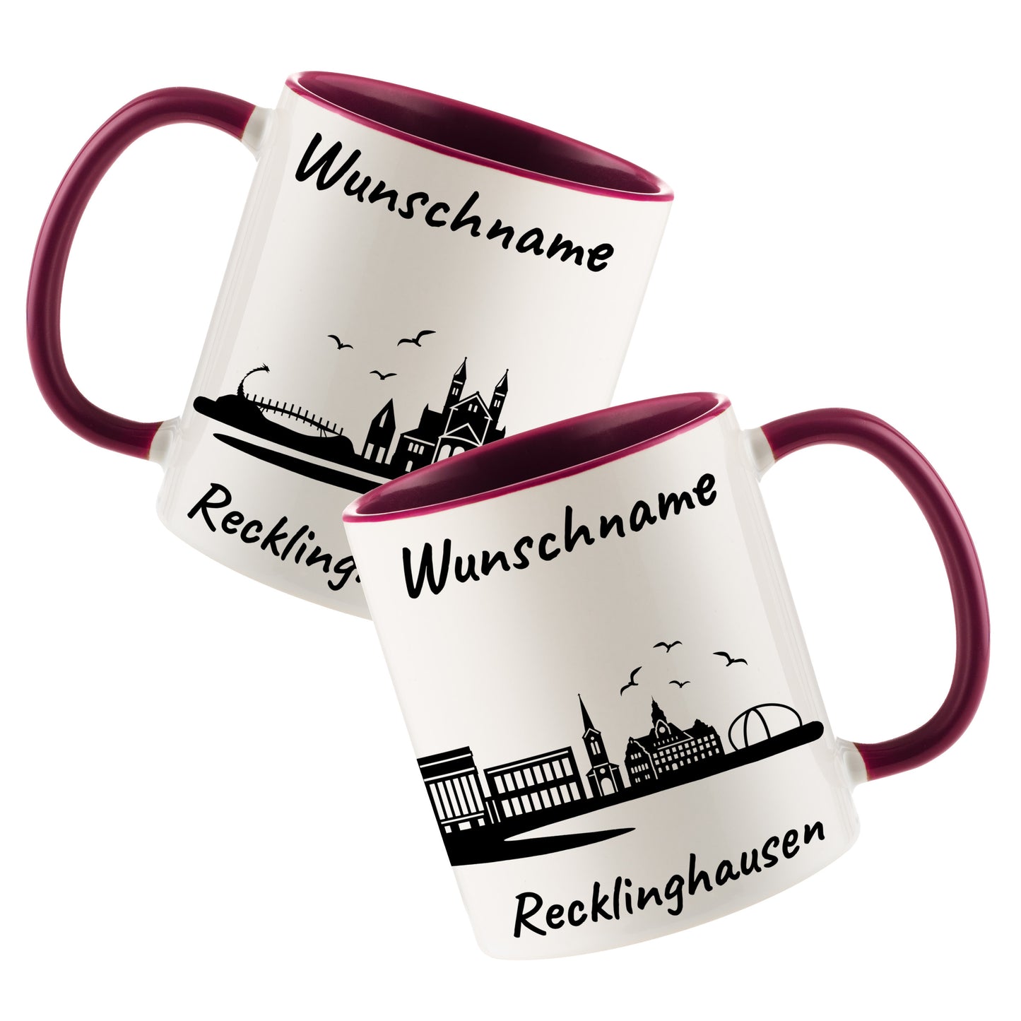 Tasse in Bordeauxrot 330ml bedruckt mit der Skyline von Recklinghausen personalisierbar mit Wunschname