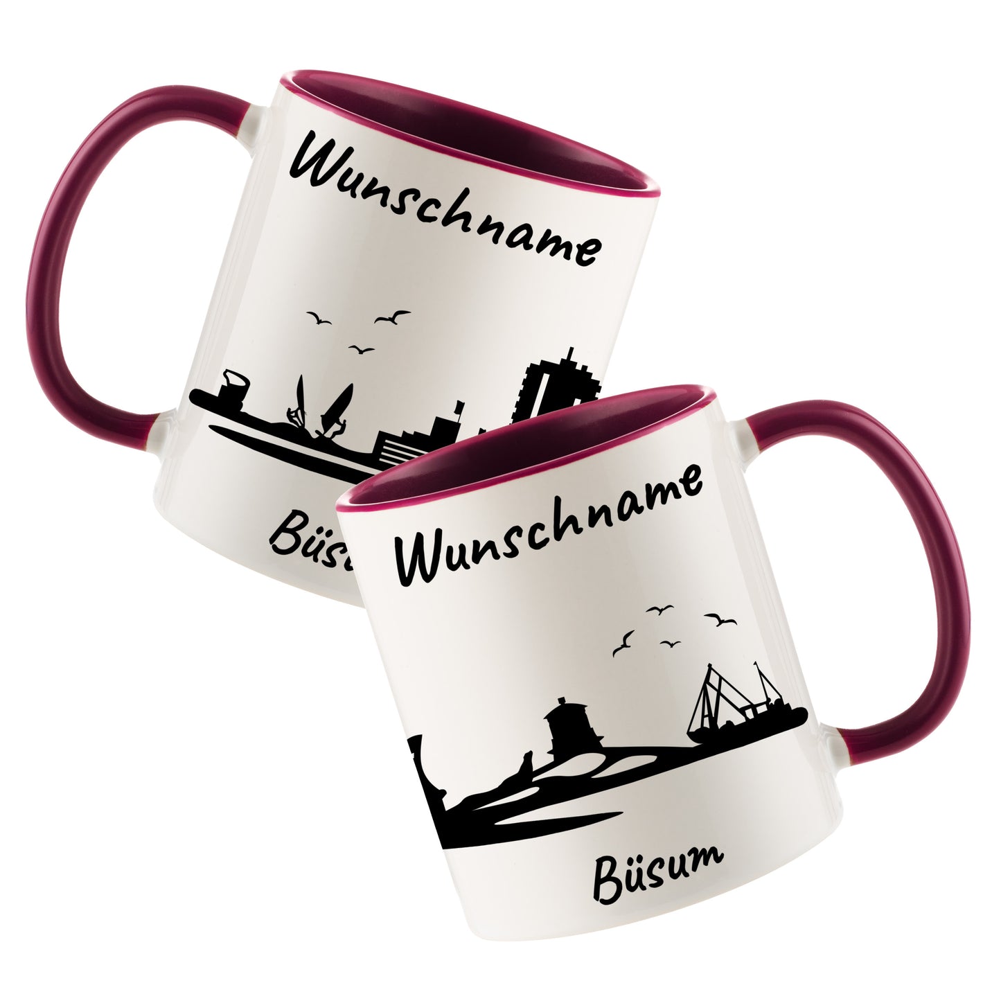 Tasse in Bordeauxrot 330ml bedruckt mit der Skyline von Büsum personalisierbar mit Wunschname