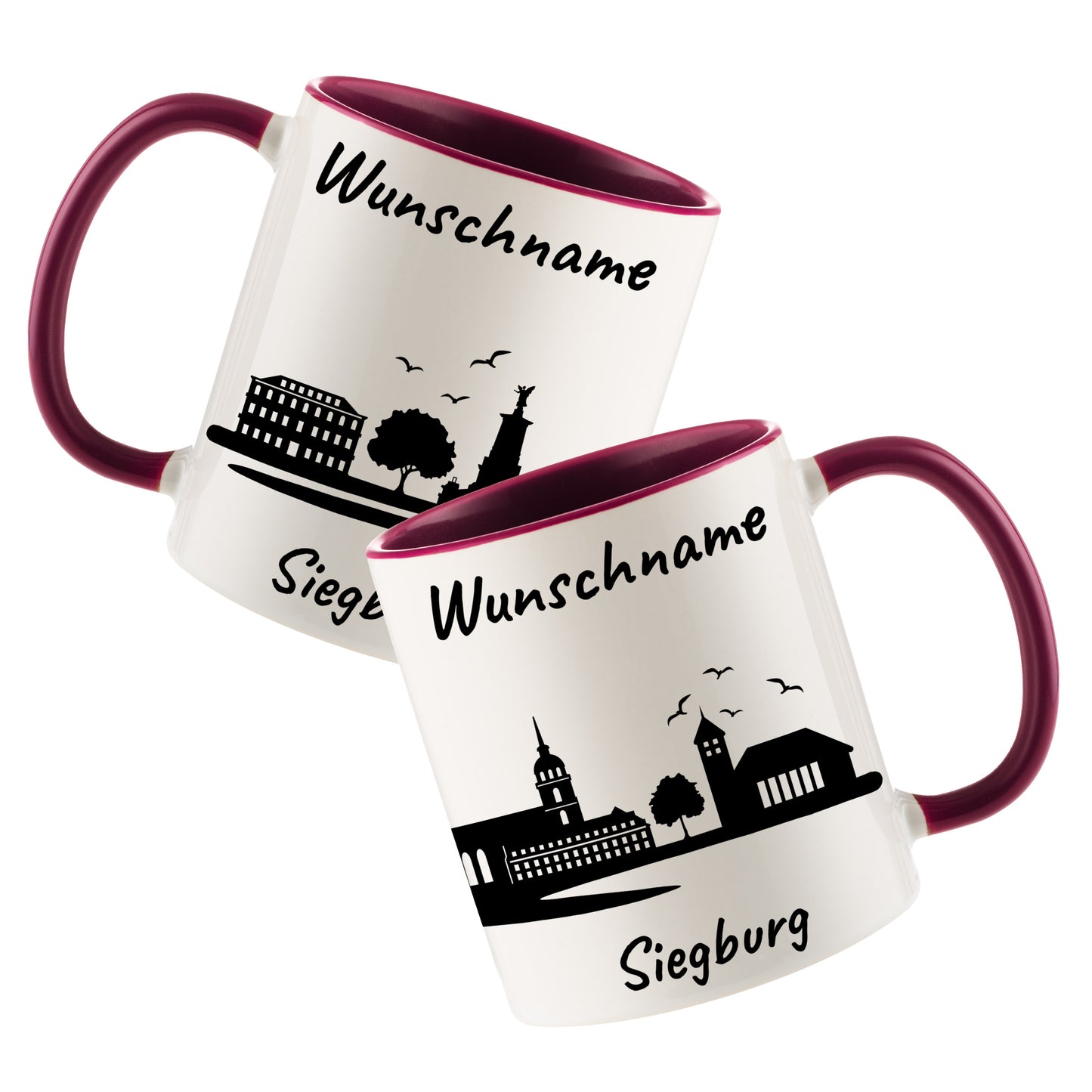 Tasse in Bordeauxrot 330ml bedruckt mit der Skyline von Siegburg personalisierbar mit Wunschname