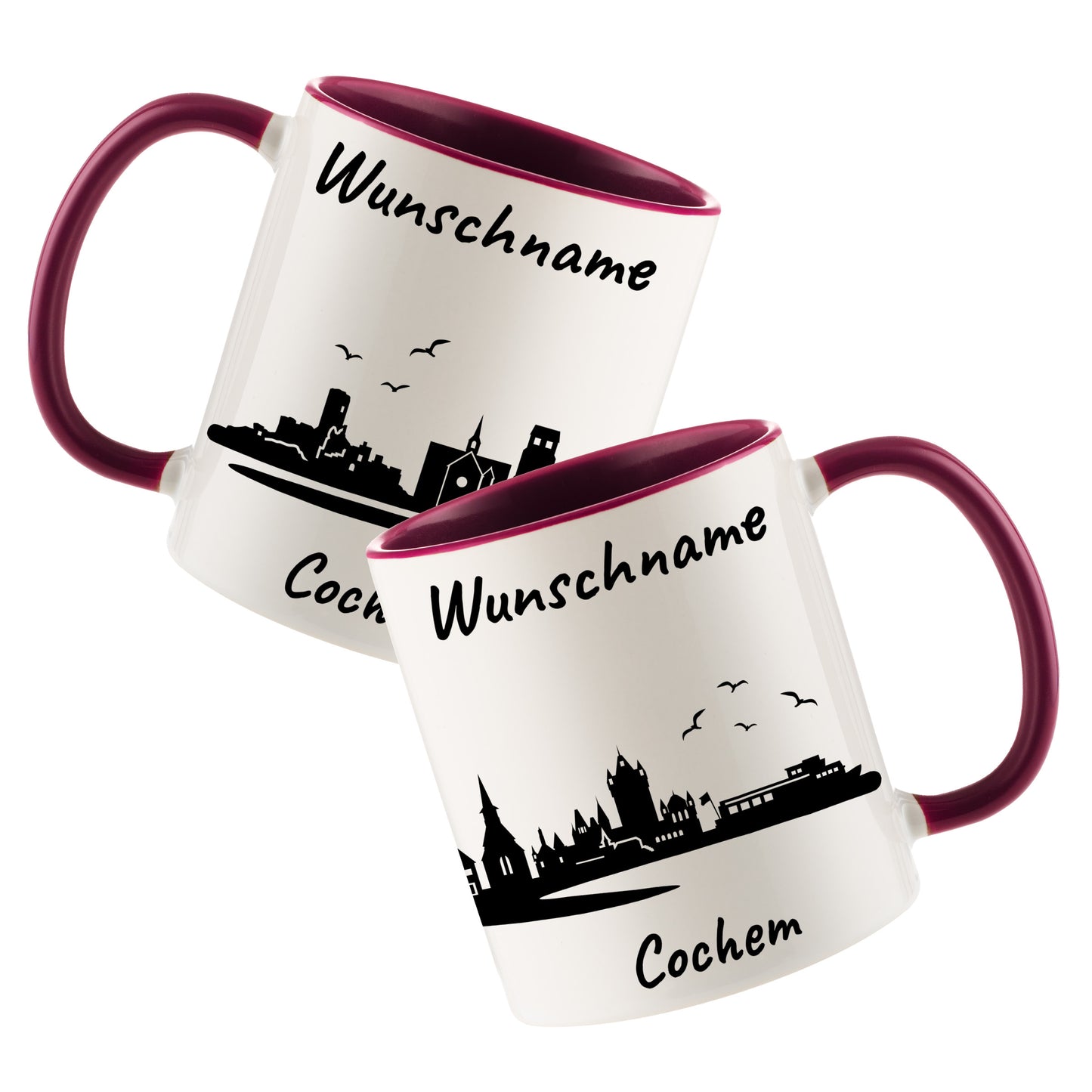 Tasse in Bordeauxrot 330ml bedruckt mit der Skyline von Cochem personalisierbar mit Wunschname