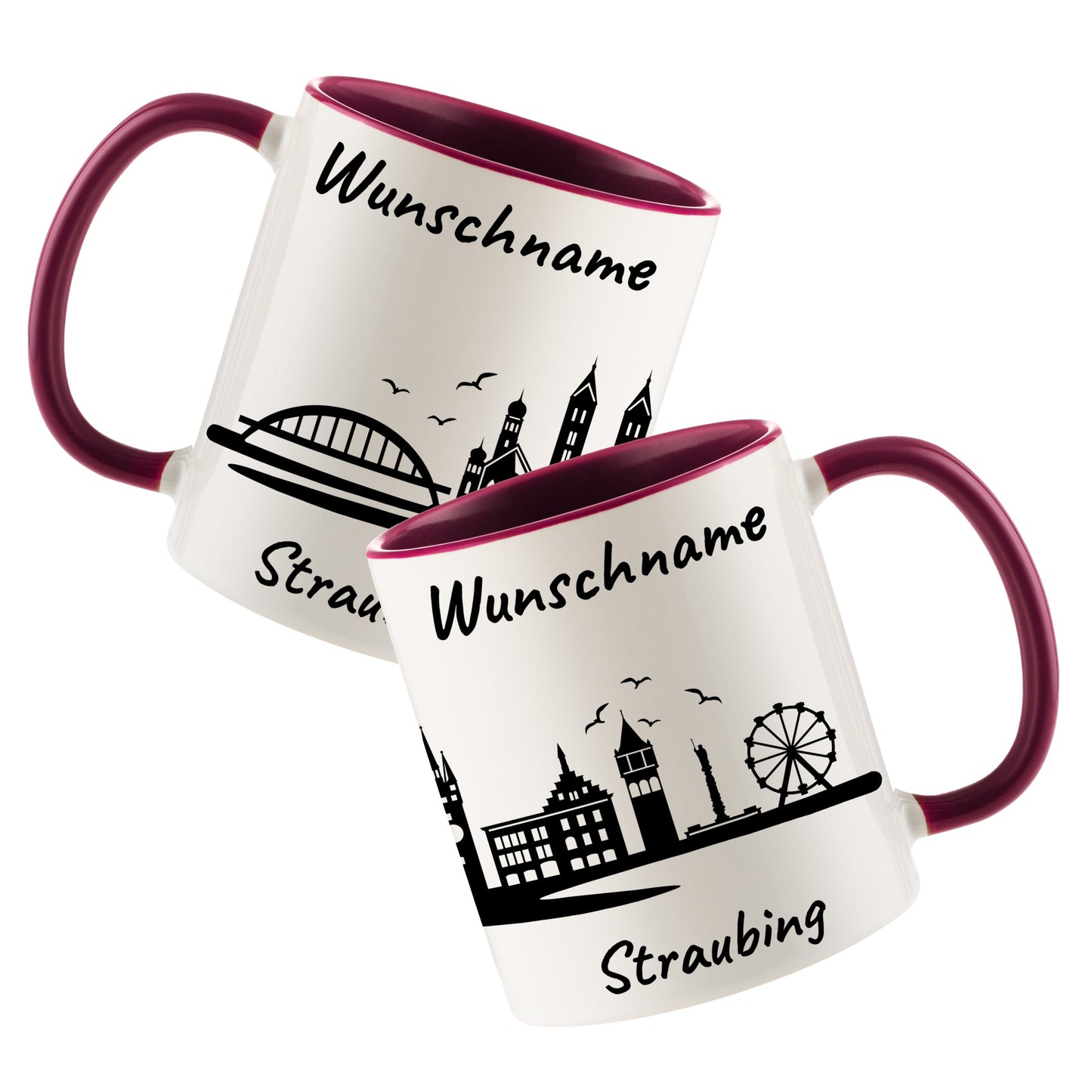 Tasse in Bordeauxrot 330ml bedruckt mit der Skyline von Straubing personalisierbar mit Wunschname