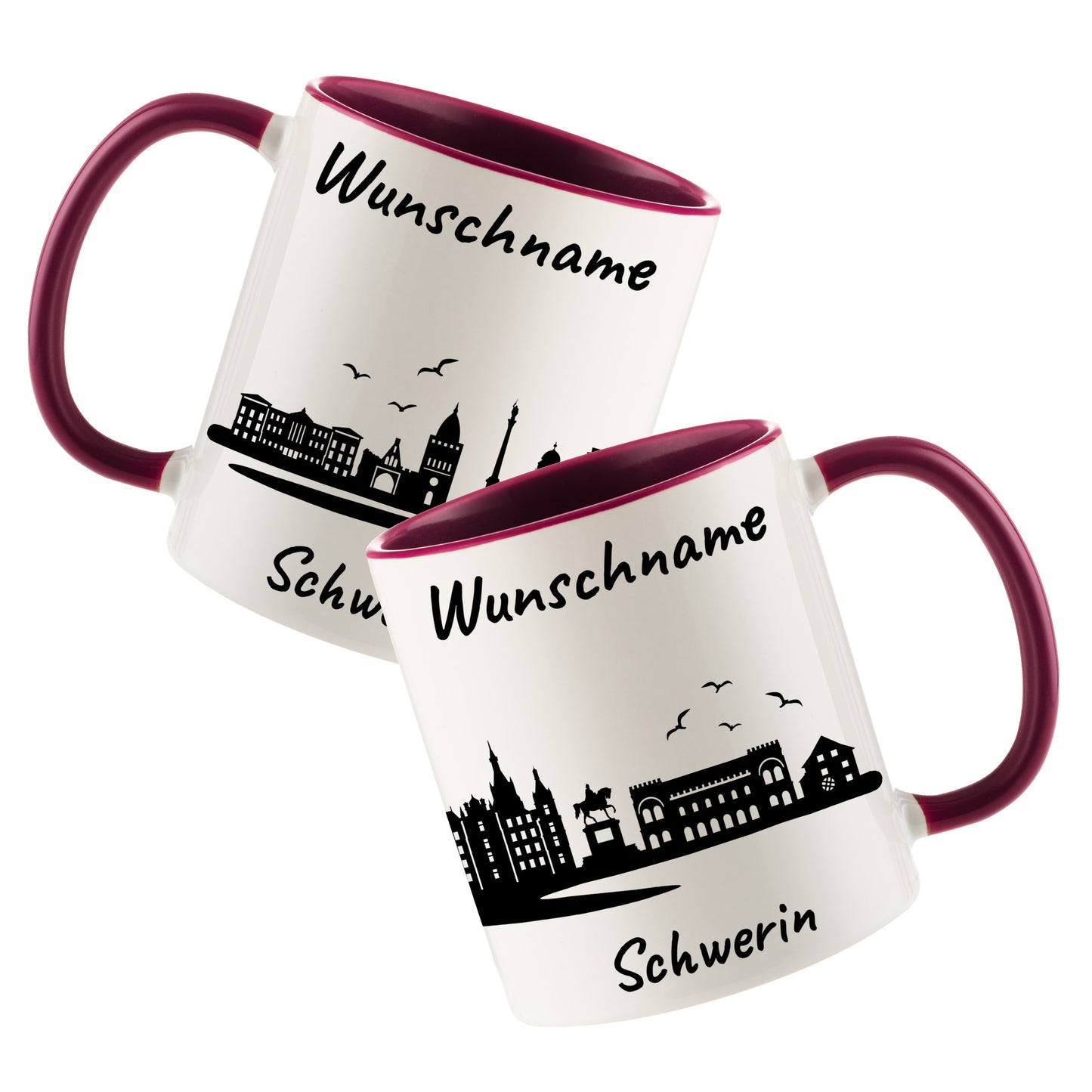 Tasse in Bordeauxrot 330ml bedruckt mit der Skyline von Schwerin personalisierbar mit Wunschname
