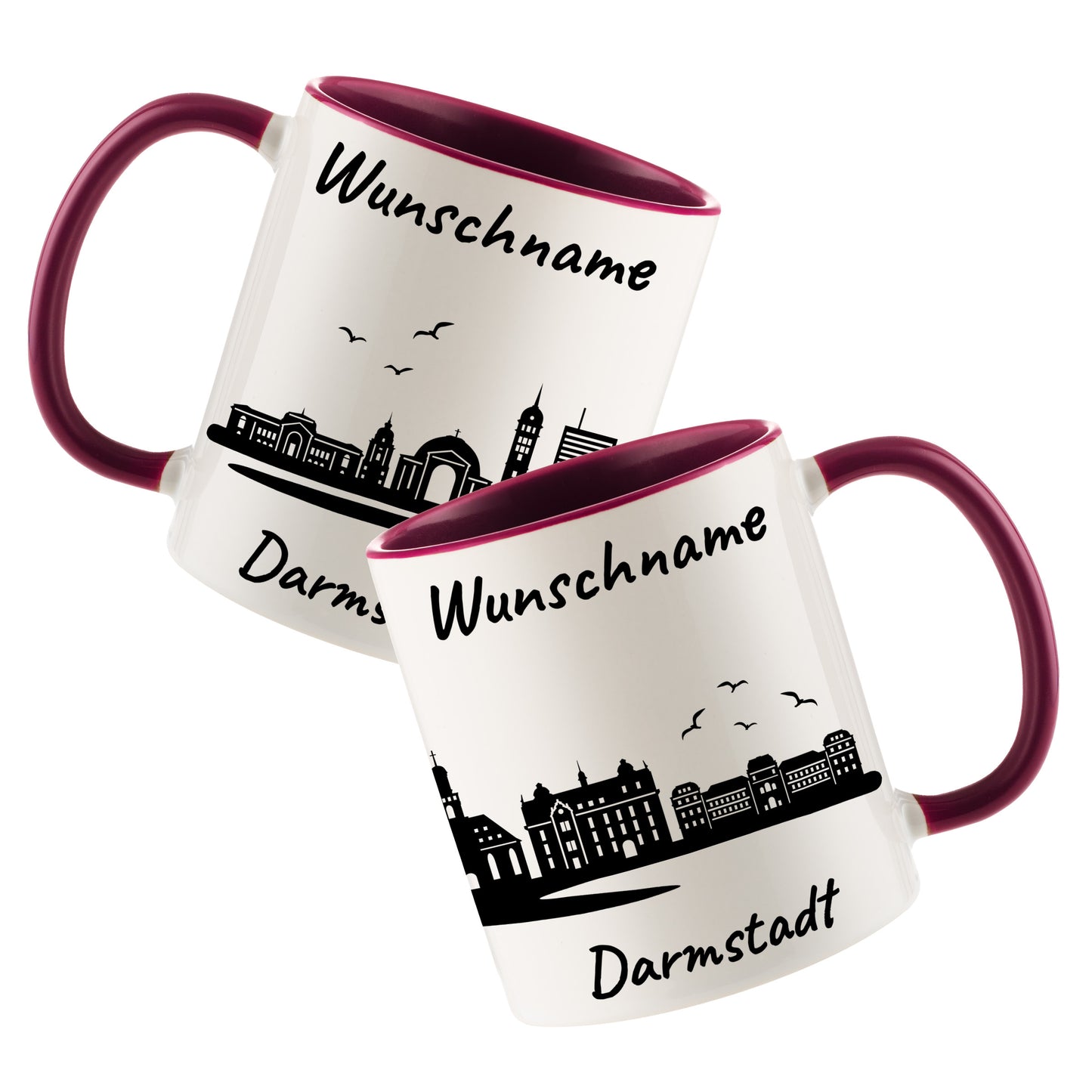 Tasse in Bordeauxrot 330ml bedruckt mit der Skyline von Darmstadt personalisierbar mit Wunschname