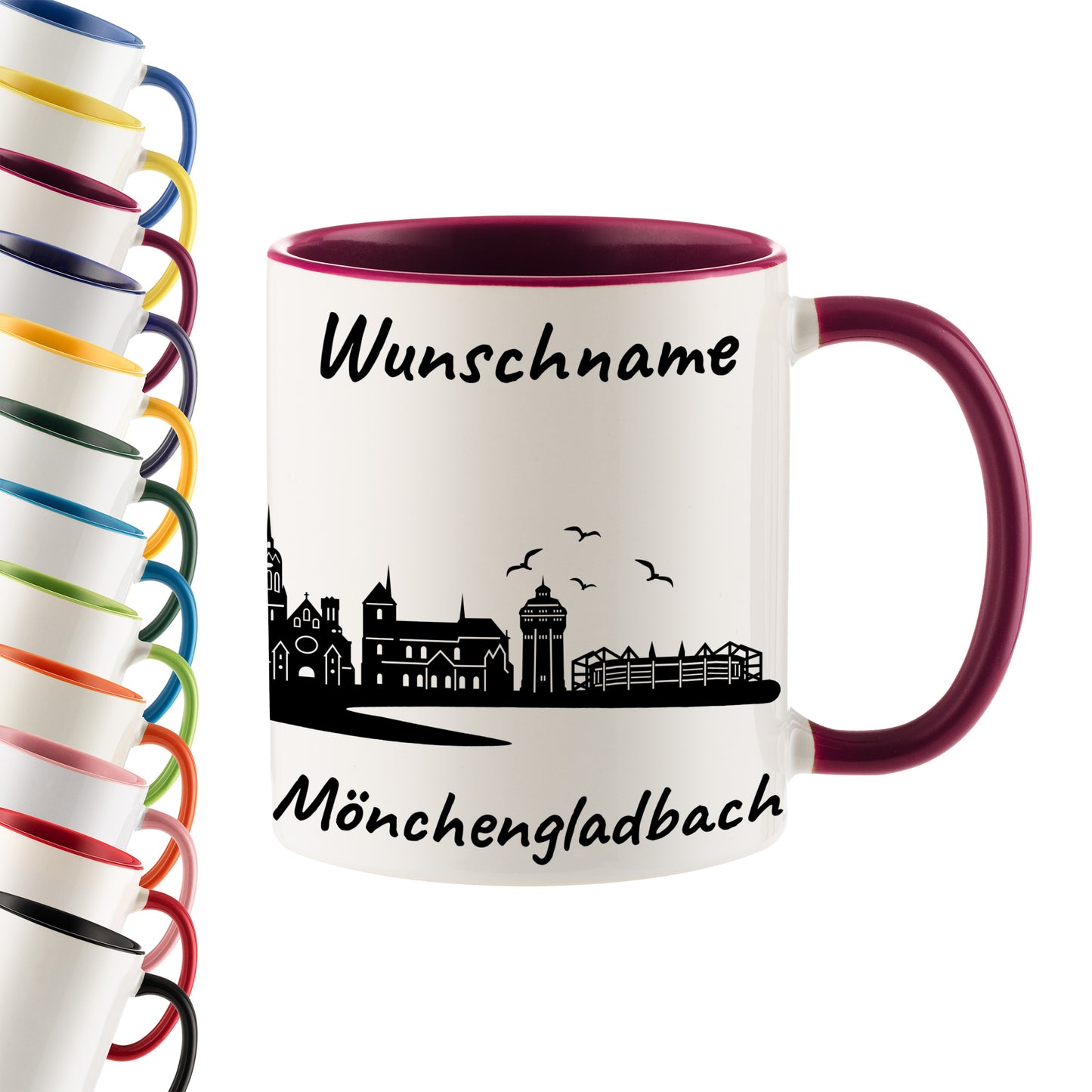 Tasse in Bordeauxrot 330ml bedruckt mit der Skyline von Mönchengladbach personalisierbar mit Wunschname