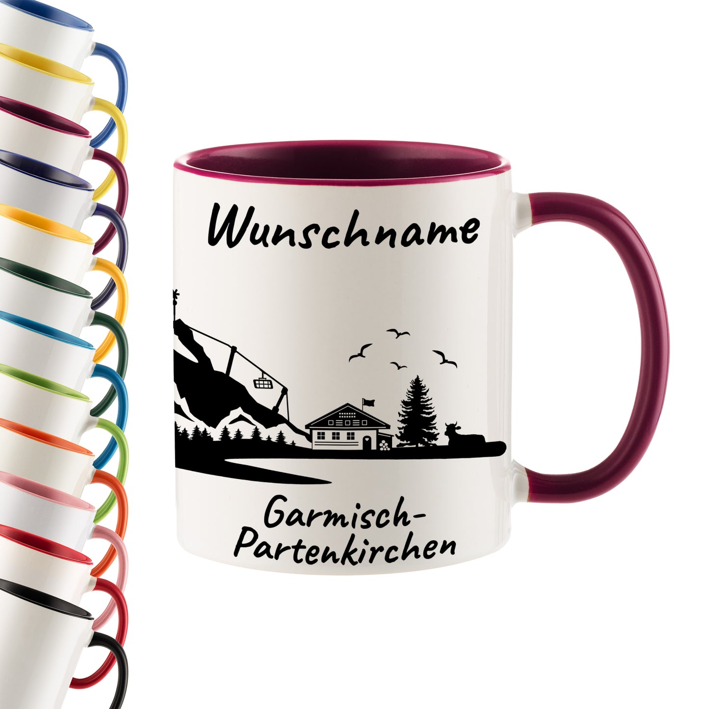 Tasse in Bordeauxrot 330ml bedruckt mit der Skyline von Garmisch-Partenkirchen personalisierbar mit Wunschname