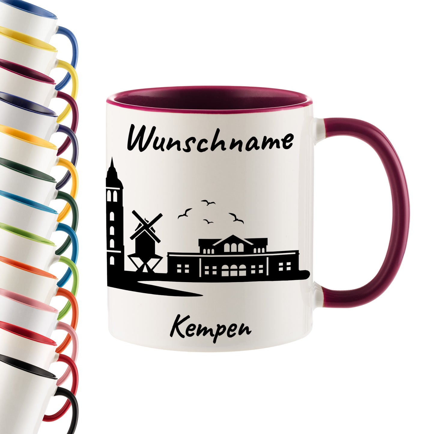 Tasse in Bordeauxrot 330ml bedruckt mit der Skyline von Kempen personalisierbar mit Wunschname