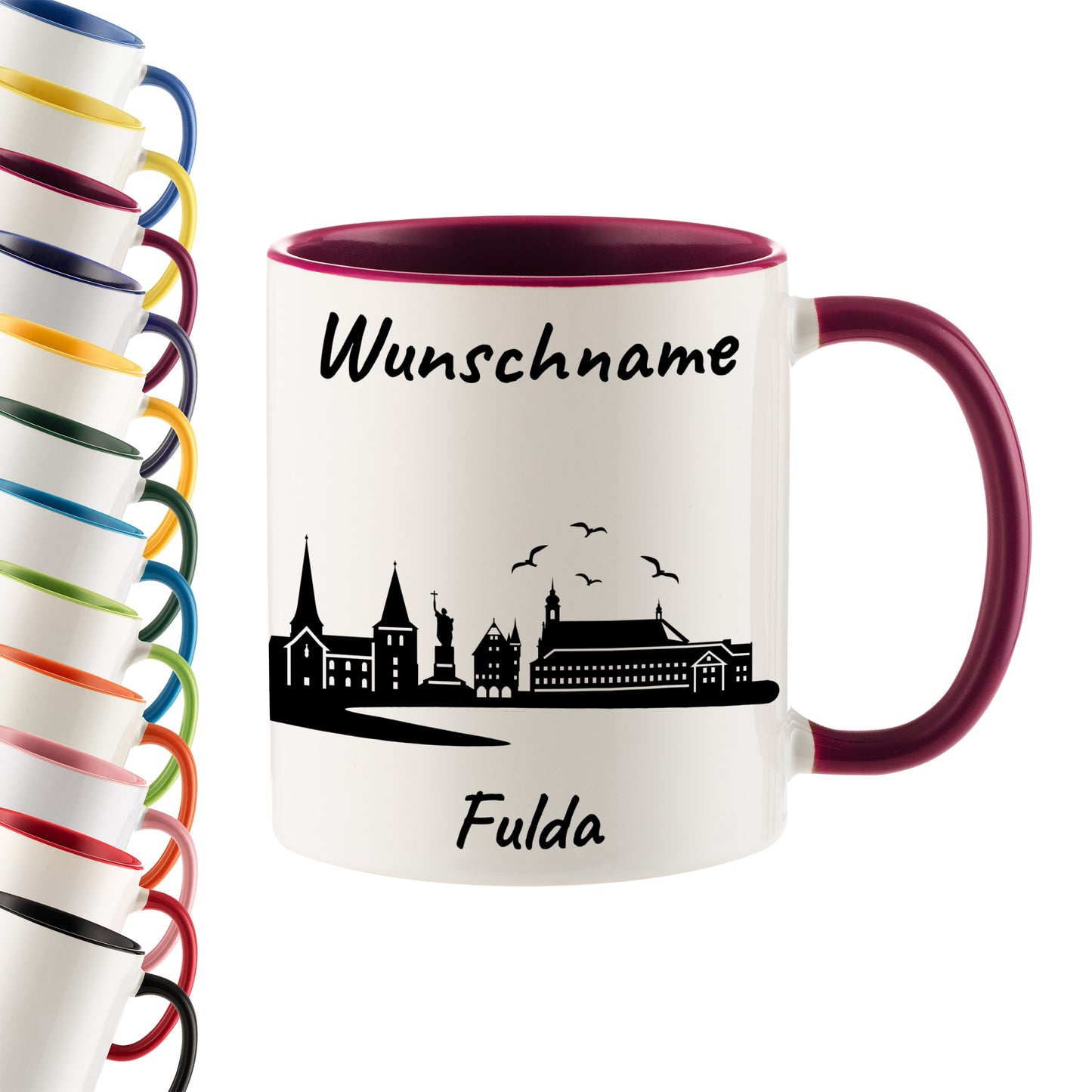 Tasse in Bordeauxrot 330ml bedruckt mit der Skyline von Fulda personalisierbar mit Wunschname