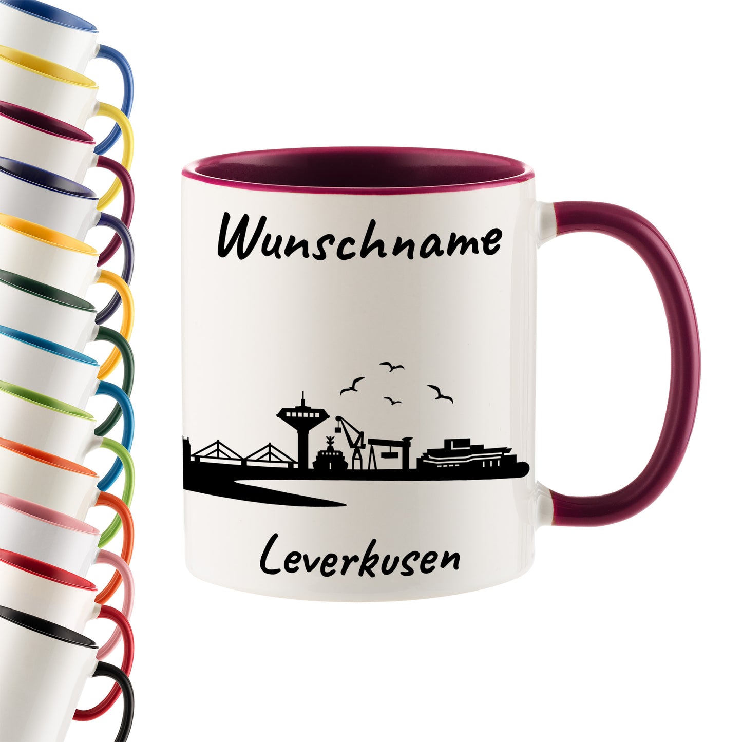 Tasse in Bordeauxrot 330ml bedruckt mit der Skyline von Leverkusen personalisierbar mit Wunschname