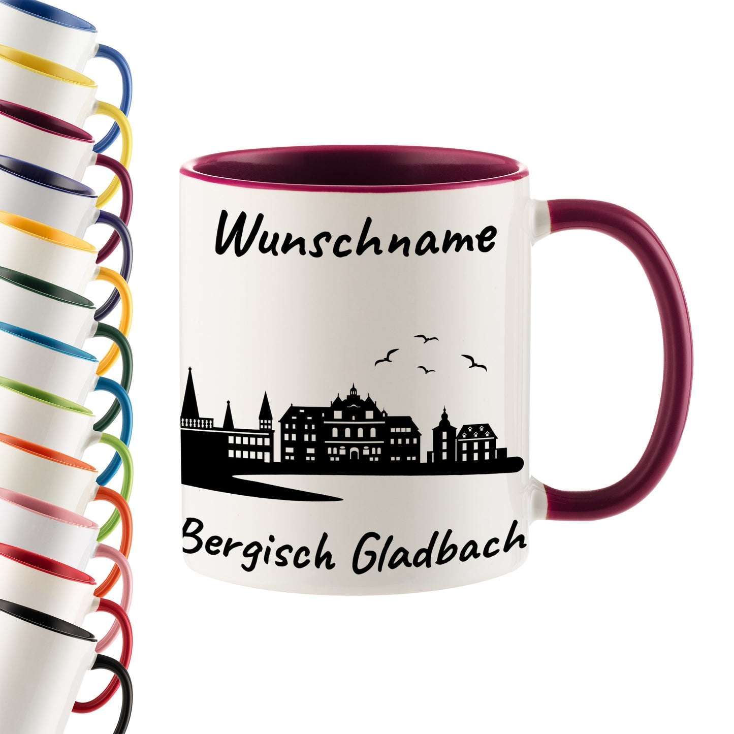 Tasse in Bordeauxrot 330ml bedruckt mit der Skyline von Bergisch Gladbach personalisierbar mit Wunschname