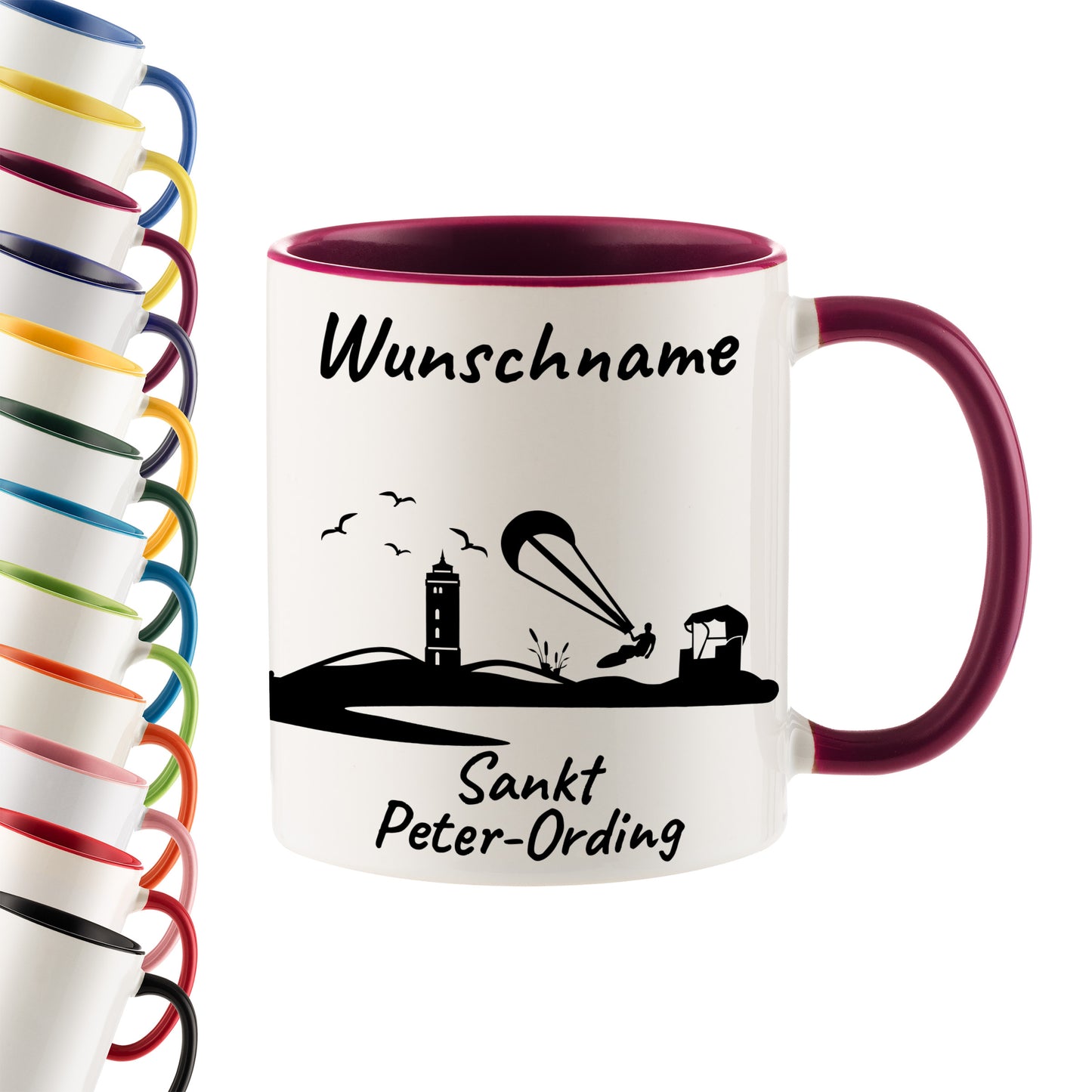 Tasse in Bordeauxrot 330ml bedruckt mit der Skyline von Sankt Peter-Ording personalisierbar mit Wunschname