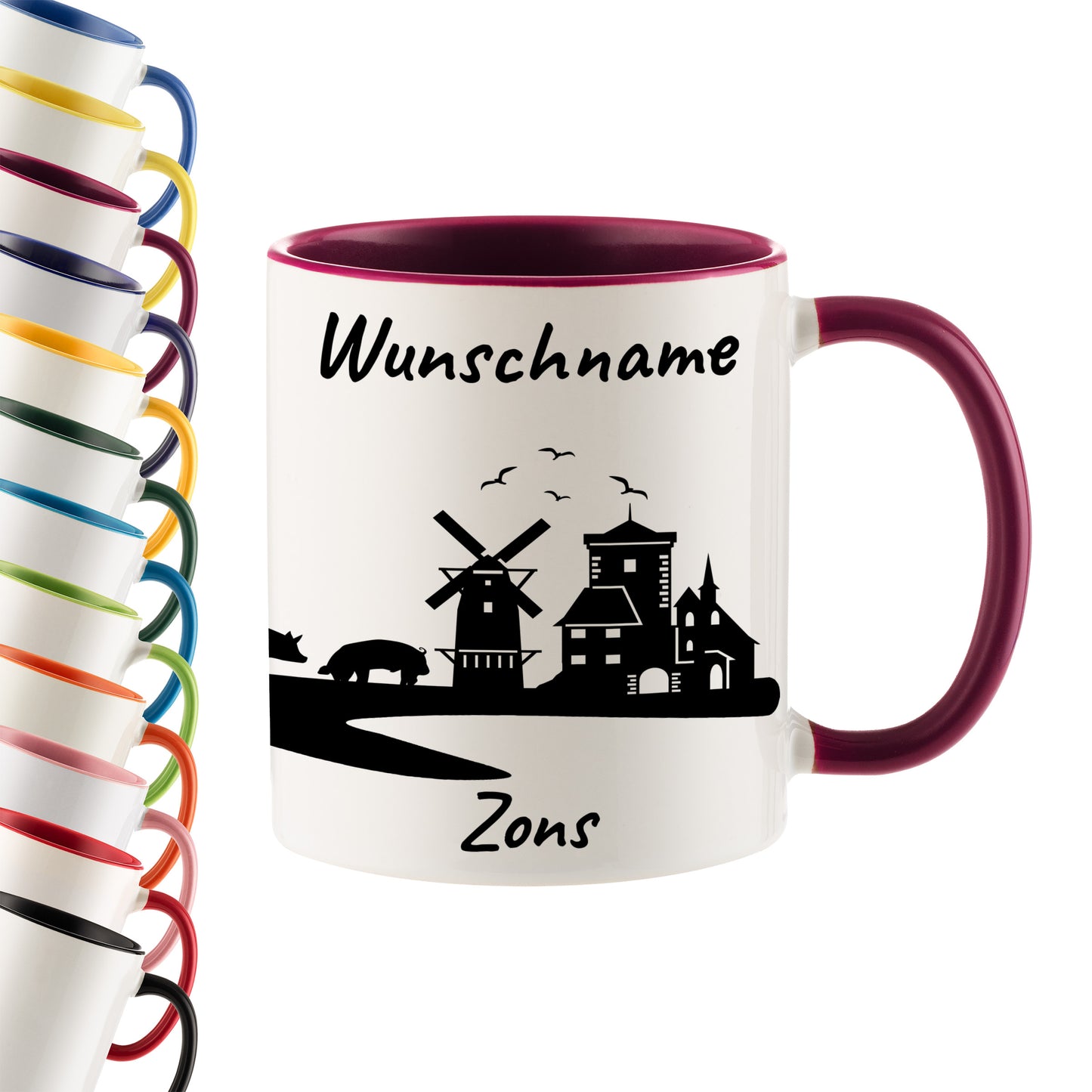 Tasse in Bordeauxrot 330ml bedruckt mit der Skyline von Zons (Dormagen) personalisierbar mit Wunschname