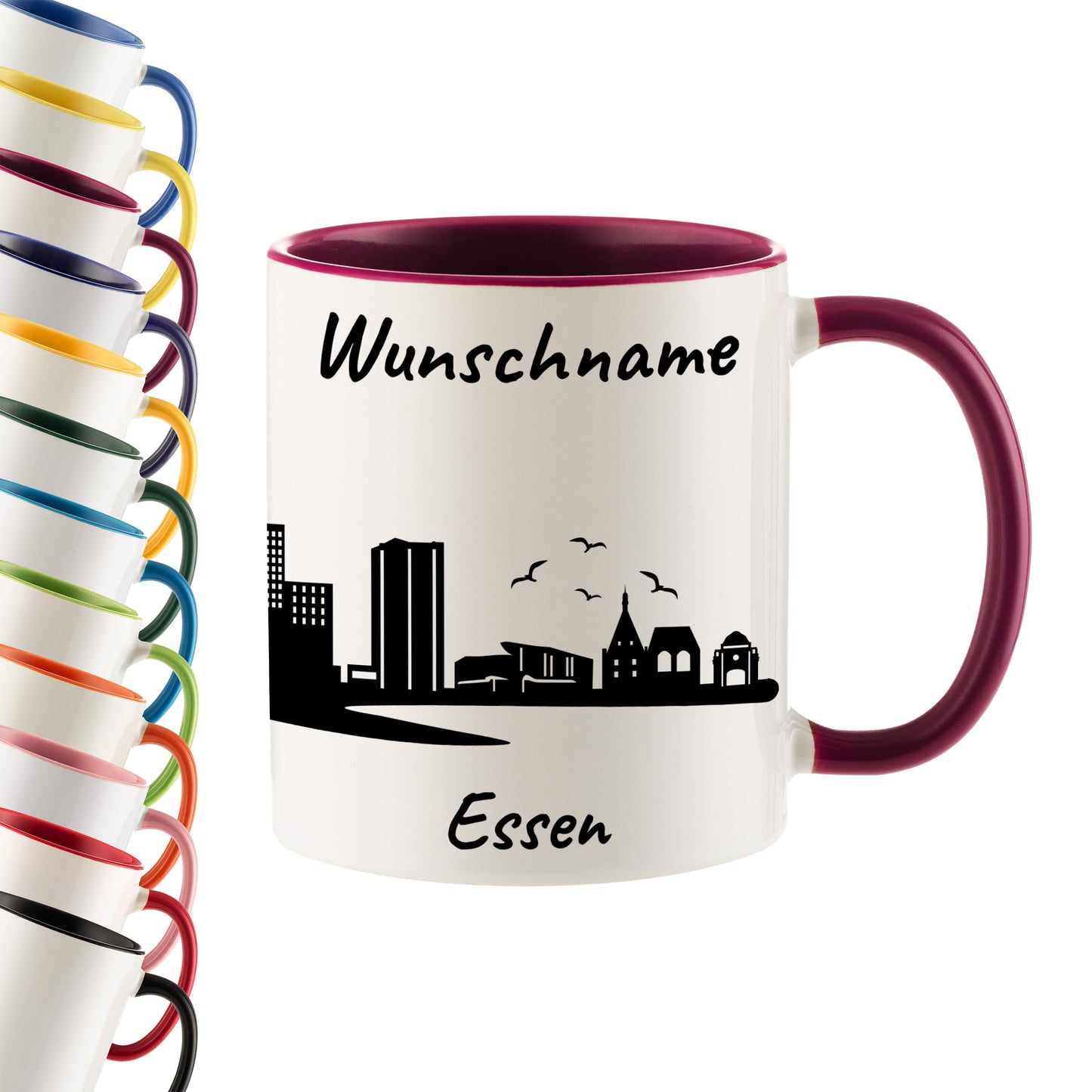 Tasse in Bordeauxrot 330ml bedruckt mit der Skyline von Essen personalisierbar mit Wunschname