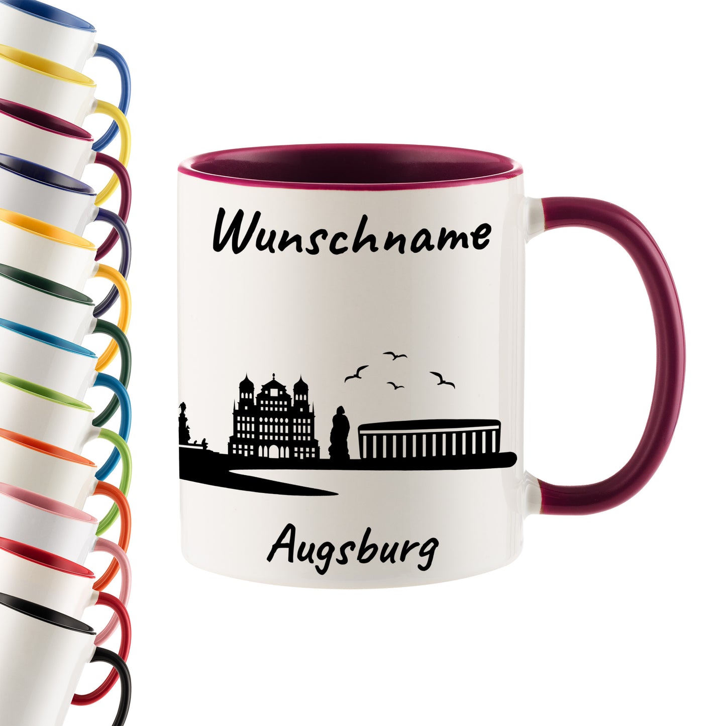 Tasse in Bordeauxrot 330ml bedruckt mit der Skyline von Augsburg personalisierbar mit Wunschname