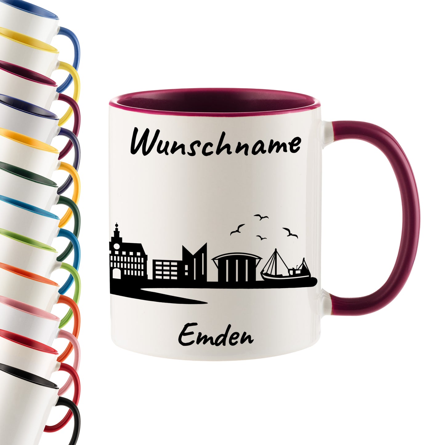 Tasse in Bordeauxrot 330ml bedruckt mit der Skyline von Emden personalisierbar mit Wunschname