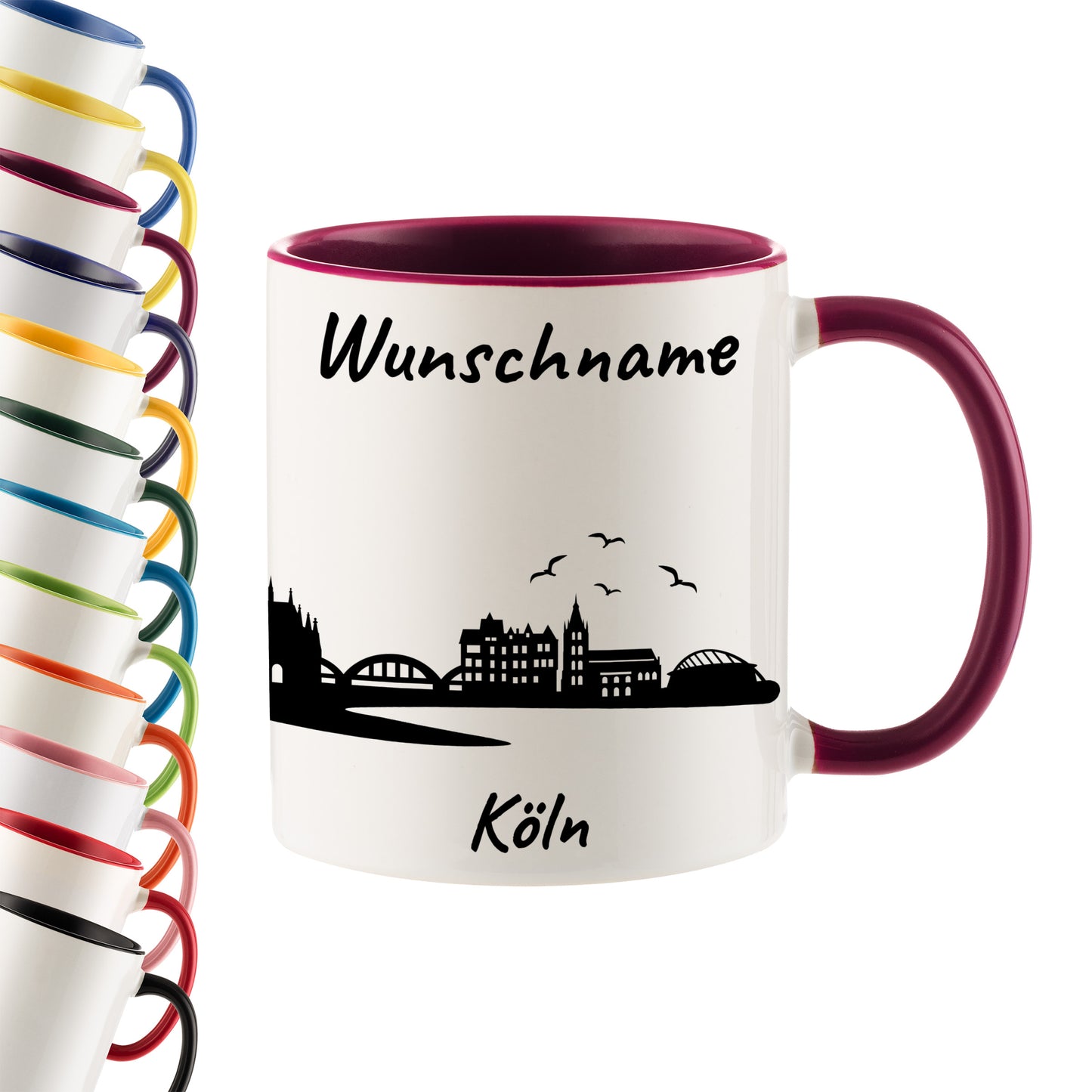 Tasse in Bordeauxrot 330ml bedruckt mit der Skyline von Köln personalisierbar mit Wunschname