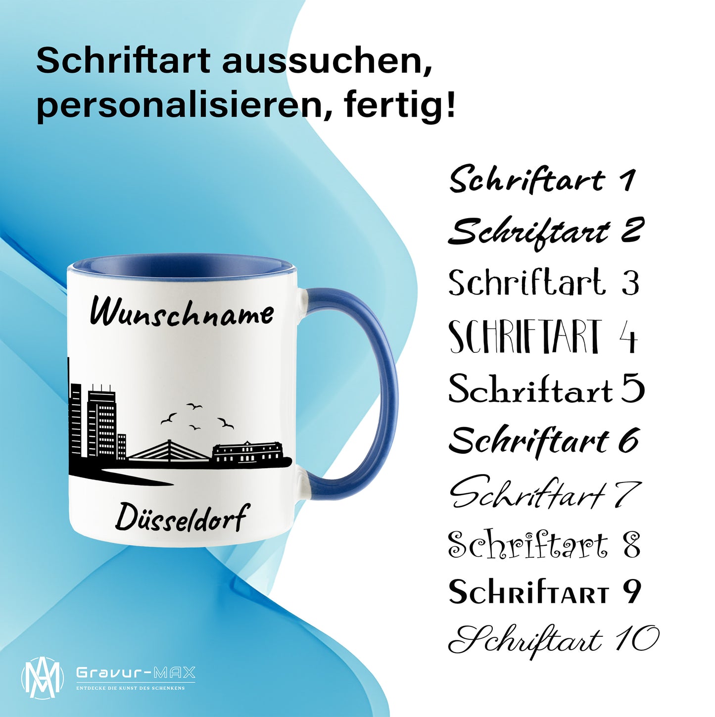 Tasse in Cambridge Blau 330ml bedruckt mit der Skyline von Düsseldorf personalisierbar mit Wunschname