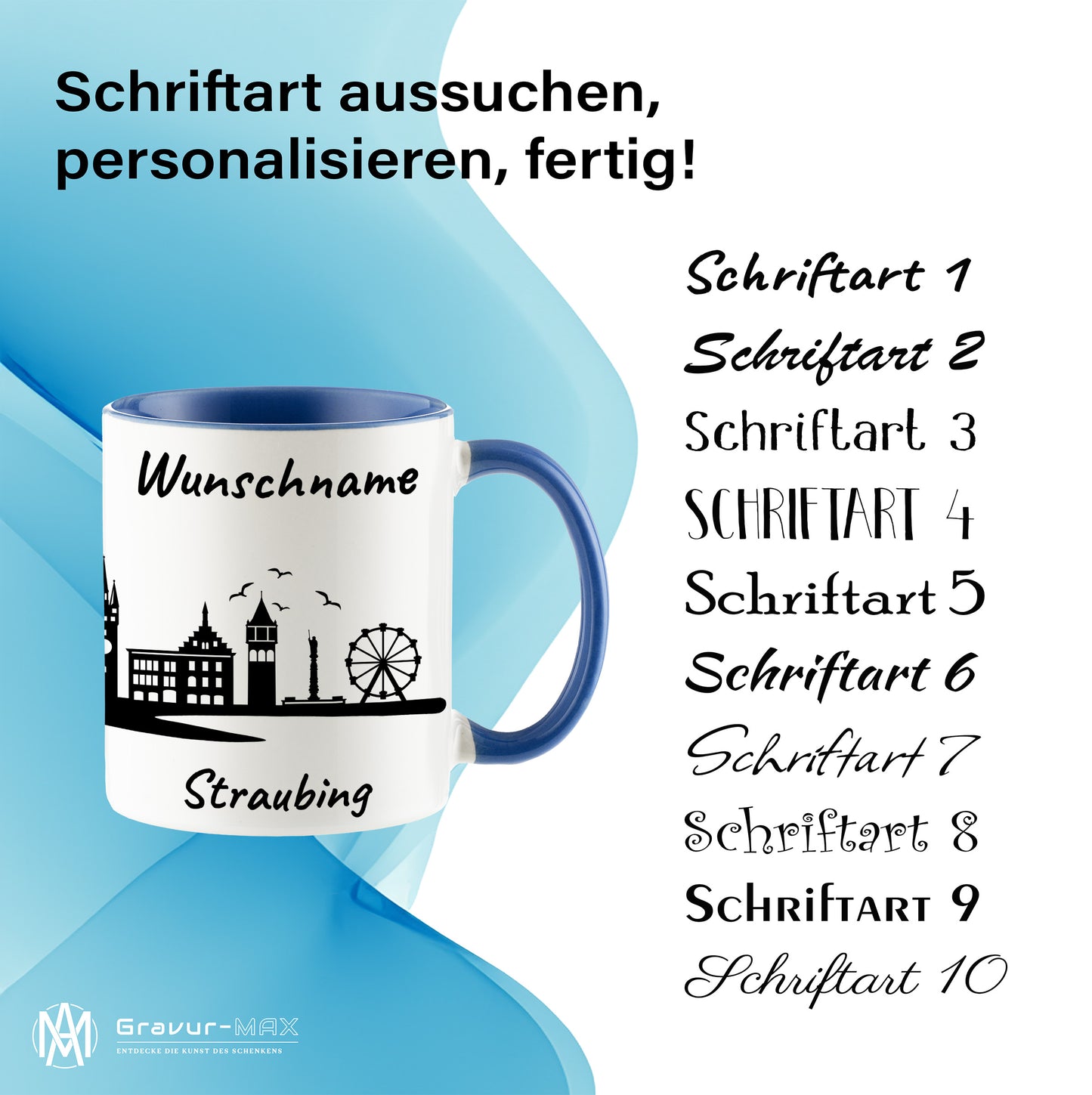 Tasse in Cambridge Blau 330ml bedruckt mit der Skyline von Straubing personalisierbar mit Wunschname