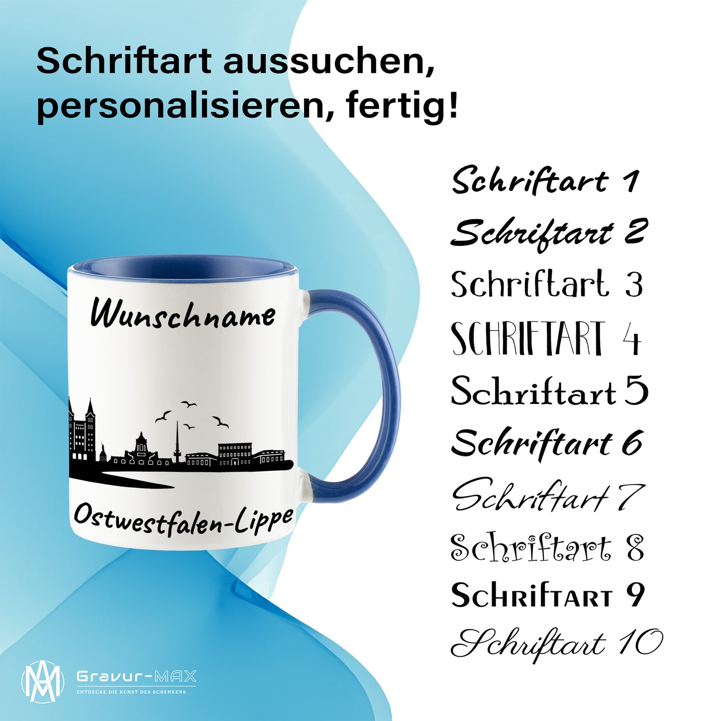 Tasse in Cambridge Blau 330ml bedruckt mit der Skyline von Ostwestfalen-Lippe personalisierbar mit Wunschname