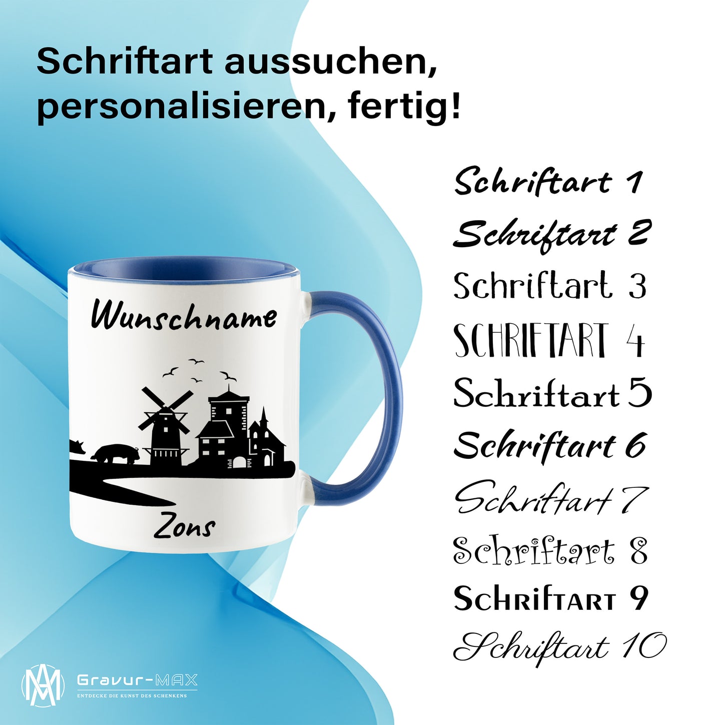 Tasse in Cambridge Blau 330ml bedruckt mit der Skyline von Zons (Dormagen) personalisierbar mit Wunschname