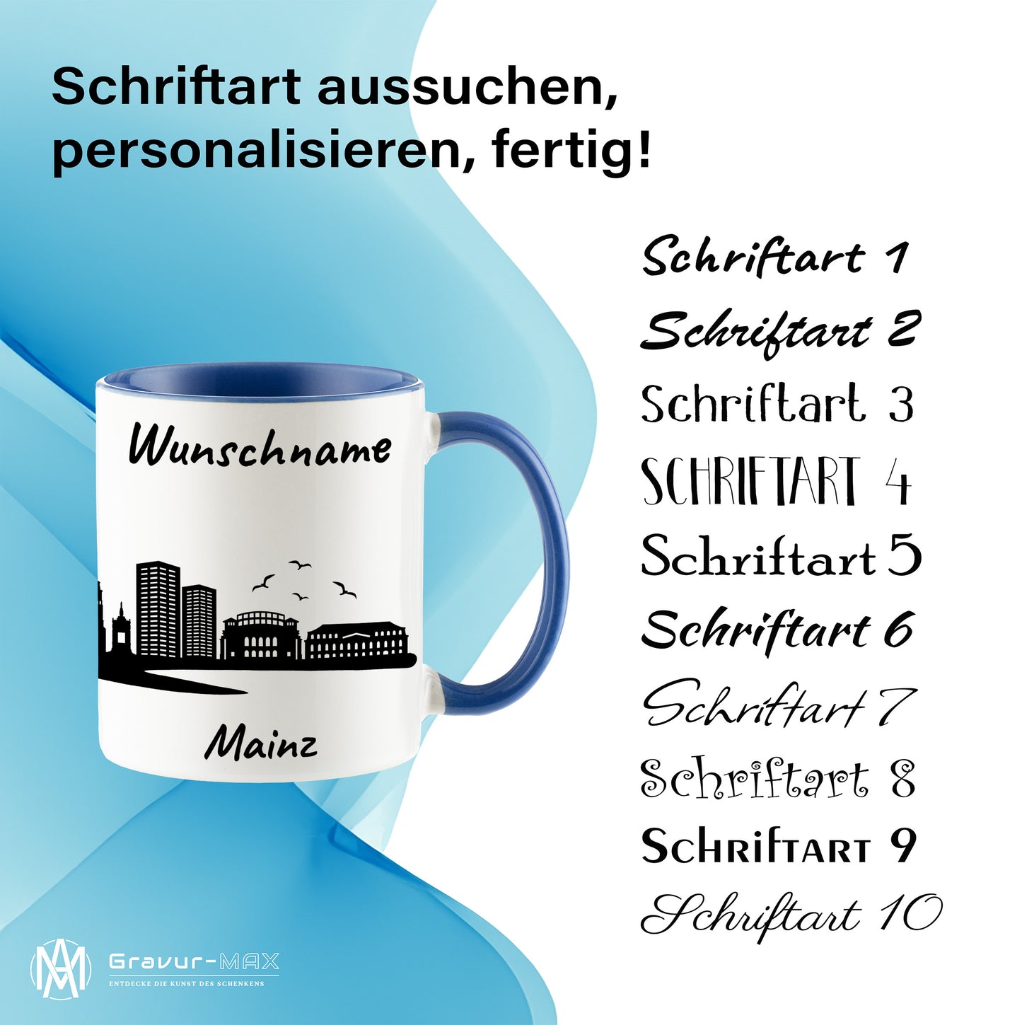 Tasse in Cambridge Blau 330ml bedruckt mit der Skyline von Mainz personalisierbar mit Wunschname