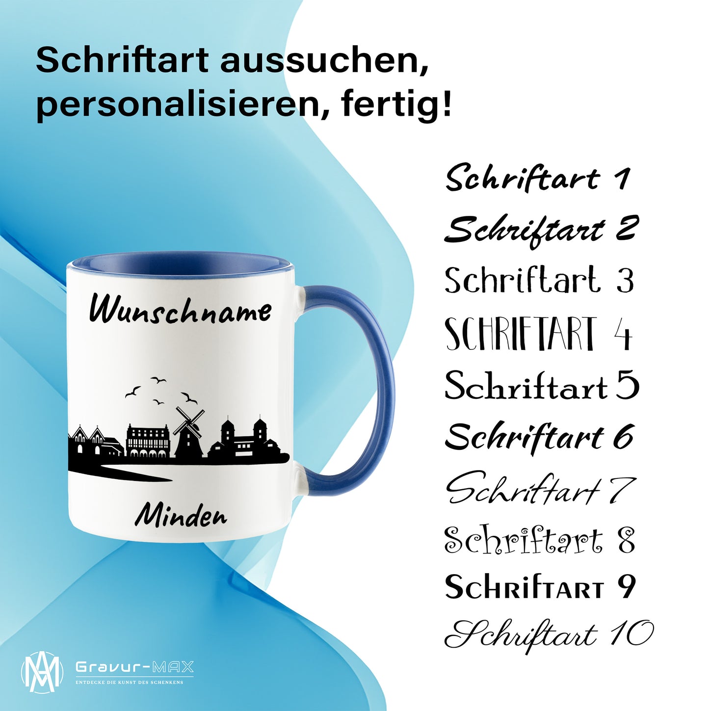 Tasse in Cambridge Blau 330ml bedruckt mit der Skyline von Minden personalisierbar mit Wunschname