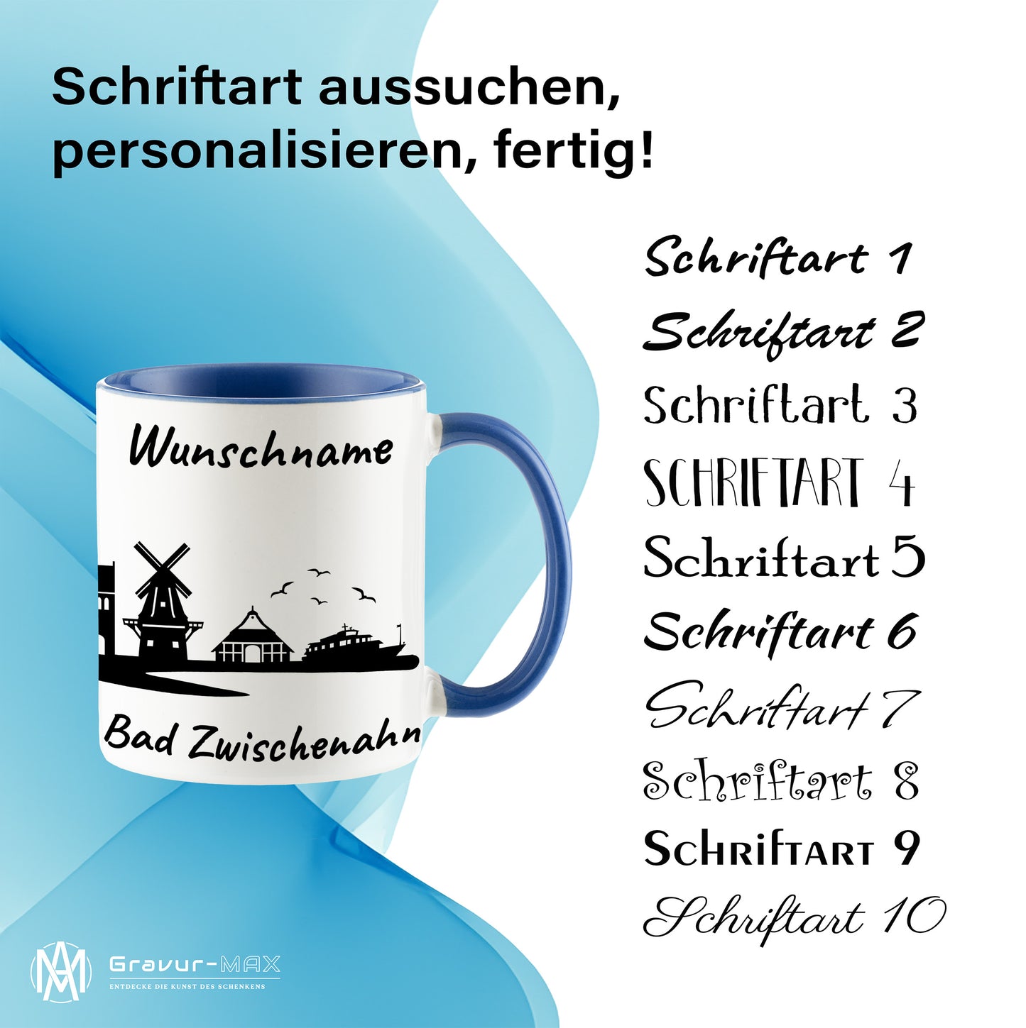 Tasse in Cambridge Blau 330ml bedruckt mit der Skyline von Bad Zwischenahn personalisierbar mit Wunschname