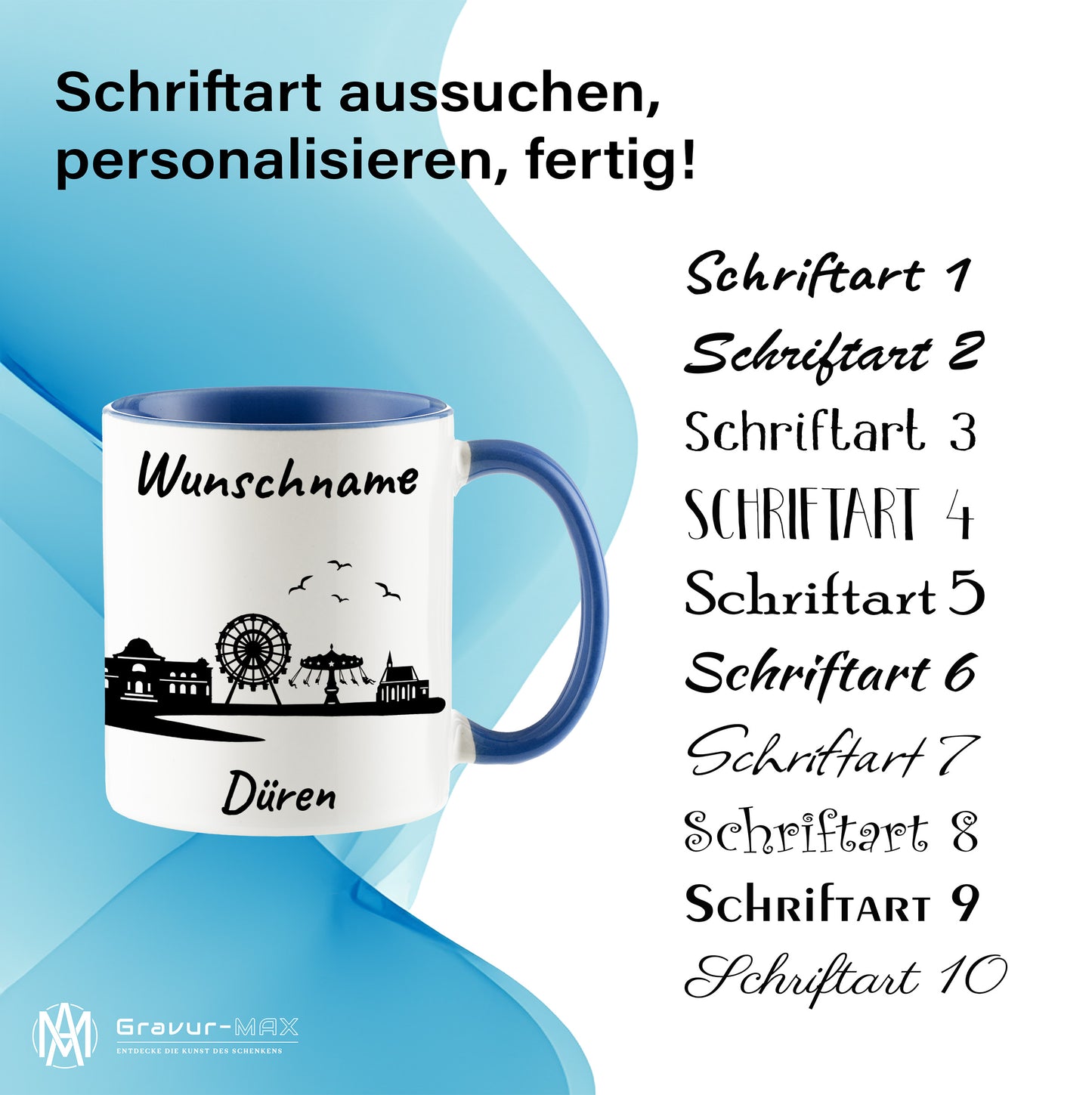 Tasse in Cambridge Blau 330ml bedruckt mit der Skyline von Düren personalisierbar mit Wunschname