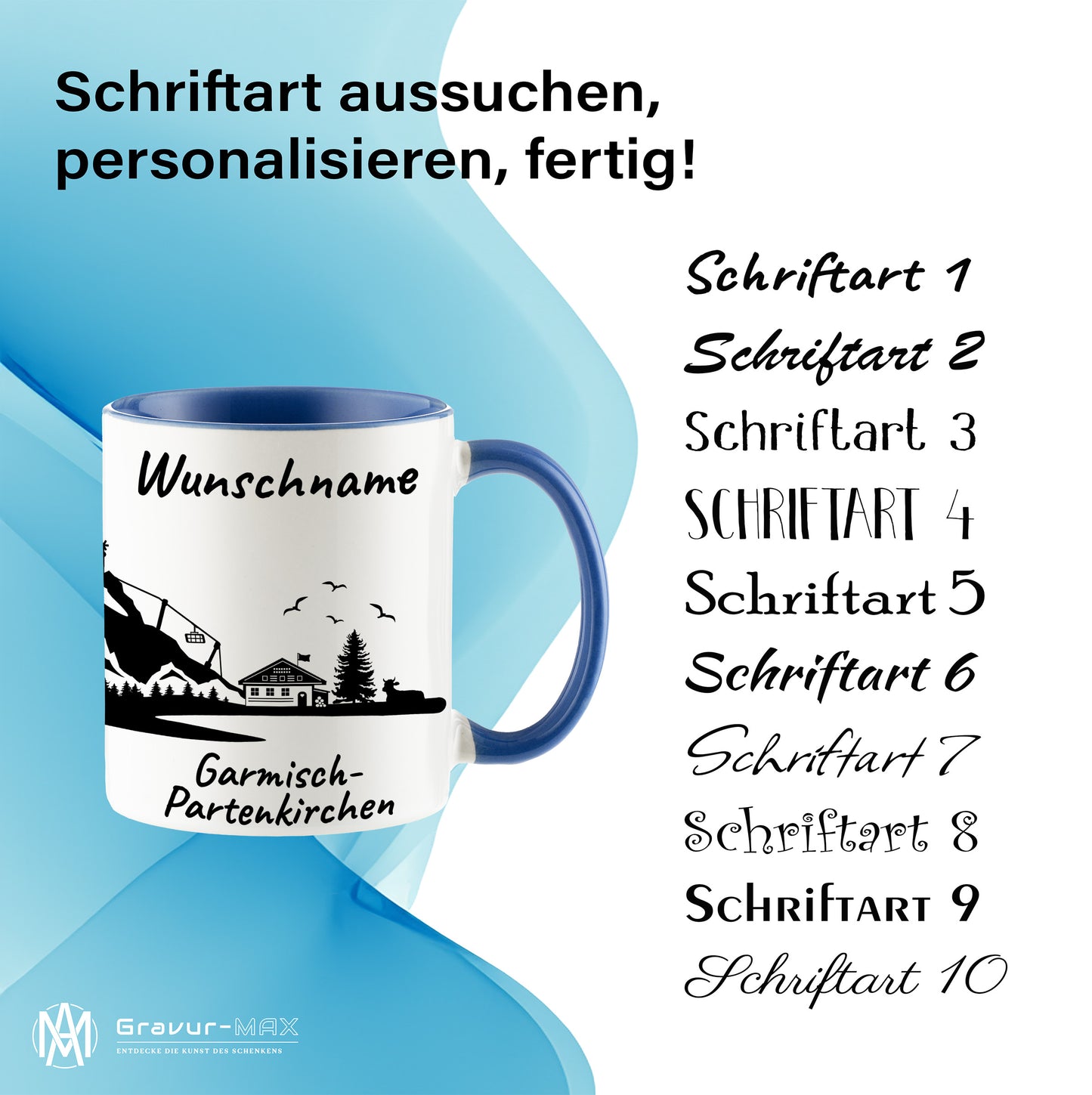 Tasse in Cambridge Blau 330ml bedruckt mit der Skyline von Garmisch-Partenkirchen personalisierbar mit Wunschname