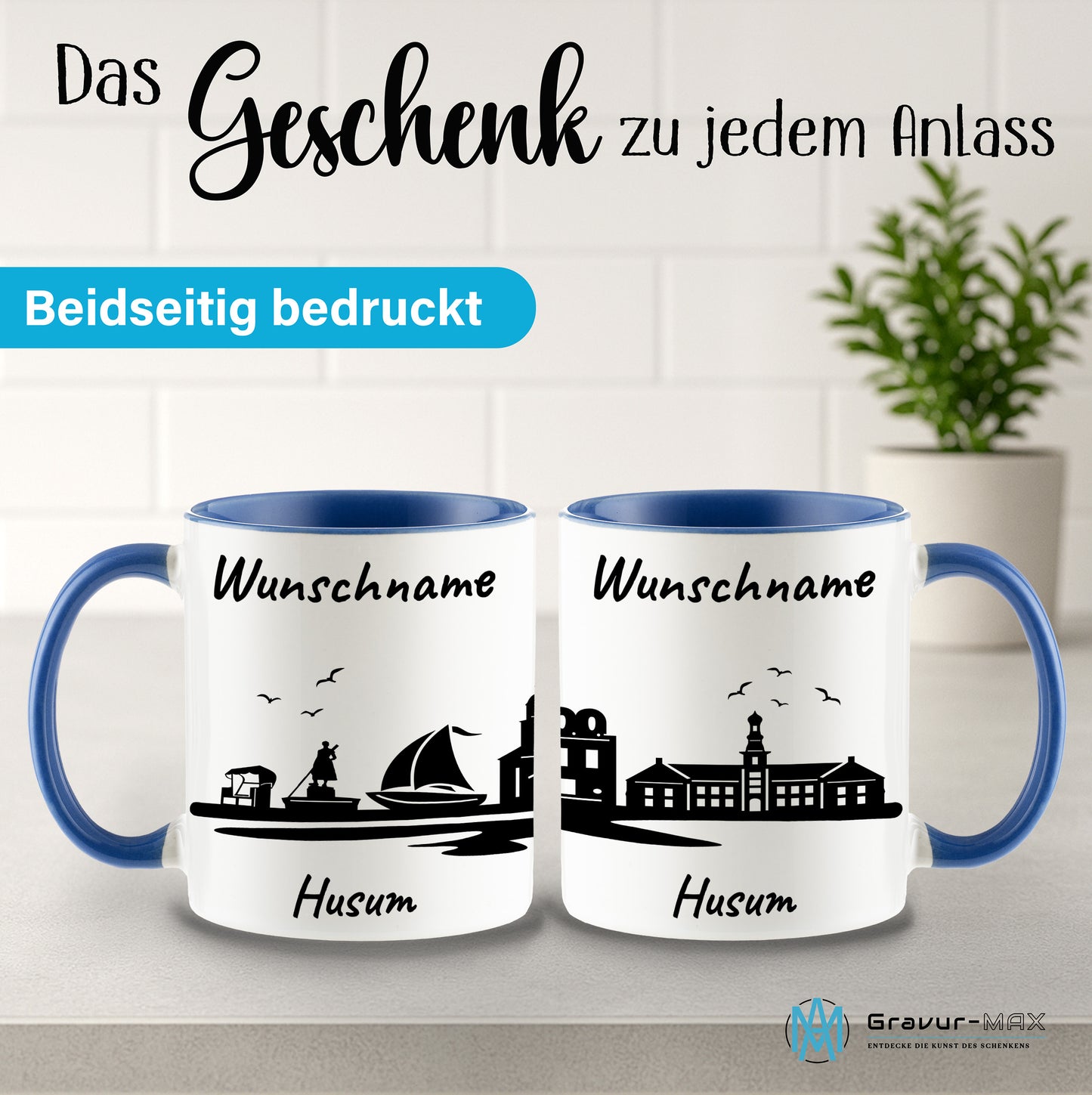 Tasse in Cambridge Blau 330ml bedruckt mit der Skyline von Husum personalisierbar mit Wunschname
