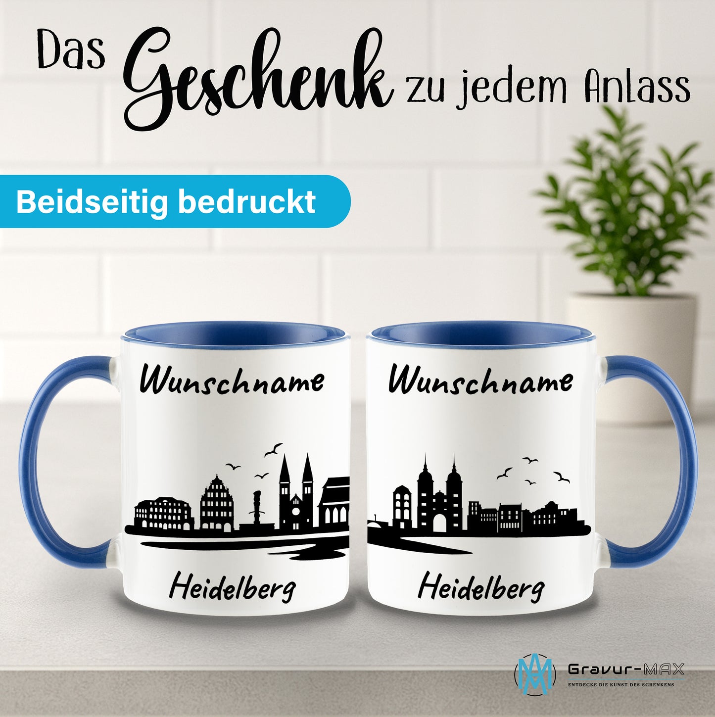 Tasse in Cambridge Blau 330ml bedruckt mit der Skyline von Heidelberg personalisierbar mit Wunschname