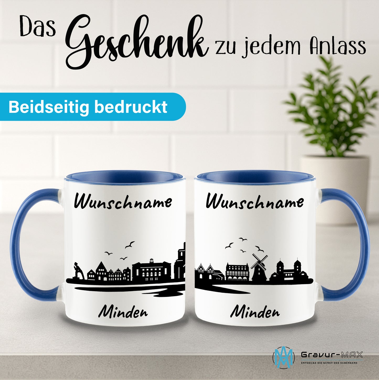 Tasse in Cambridge Blau 330ml bedruckt mit der Skyline von Minden personalisierbar mit Wunschname